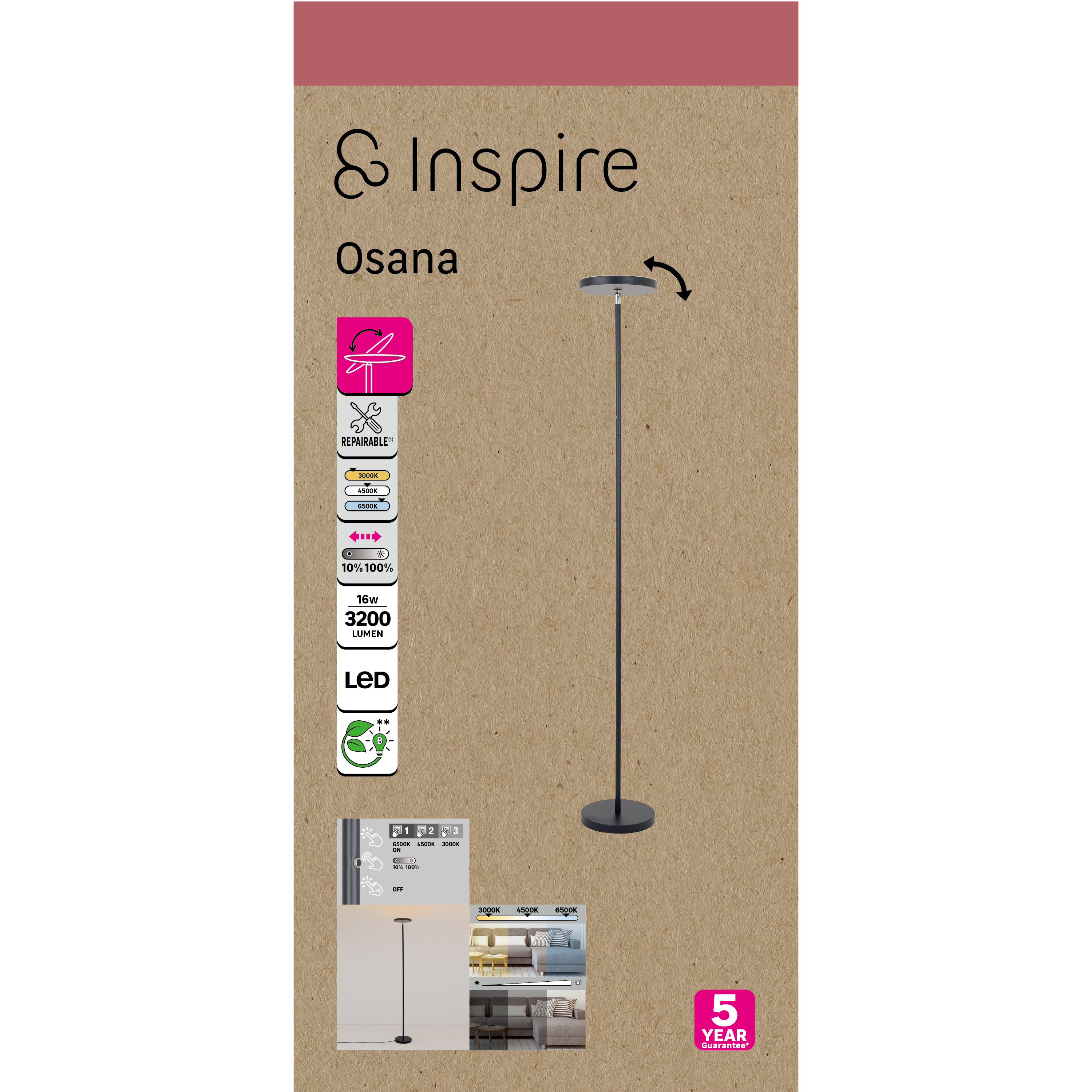 Lampadaire LED Osana avec variateur, acier, noir, H.180 cm INSPIRE - 12