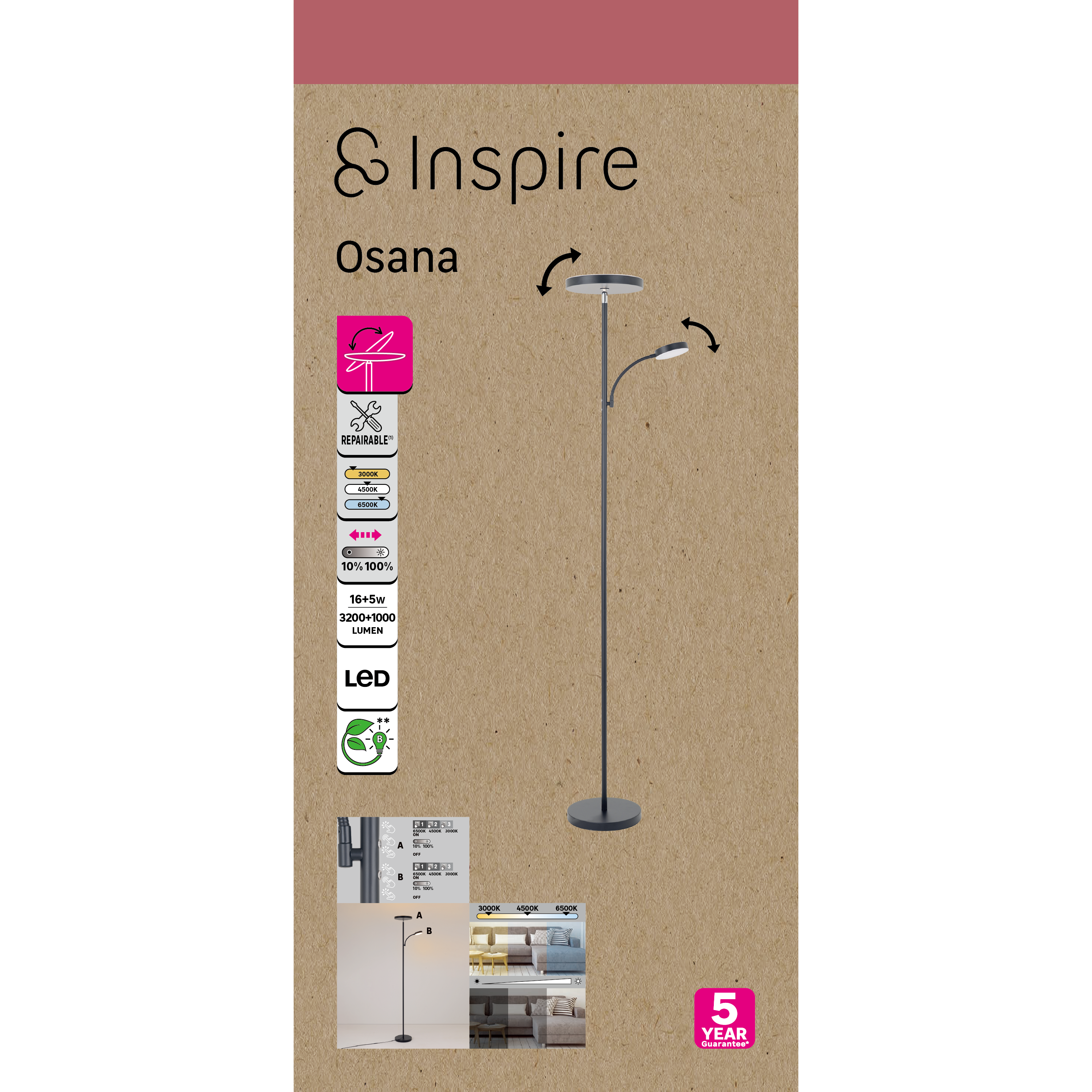 Lampa podłogowa z lampką do czytania Osana czarna LED Inspire - 8