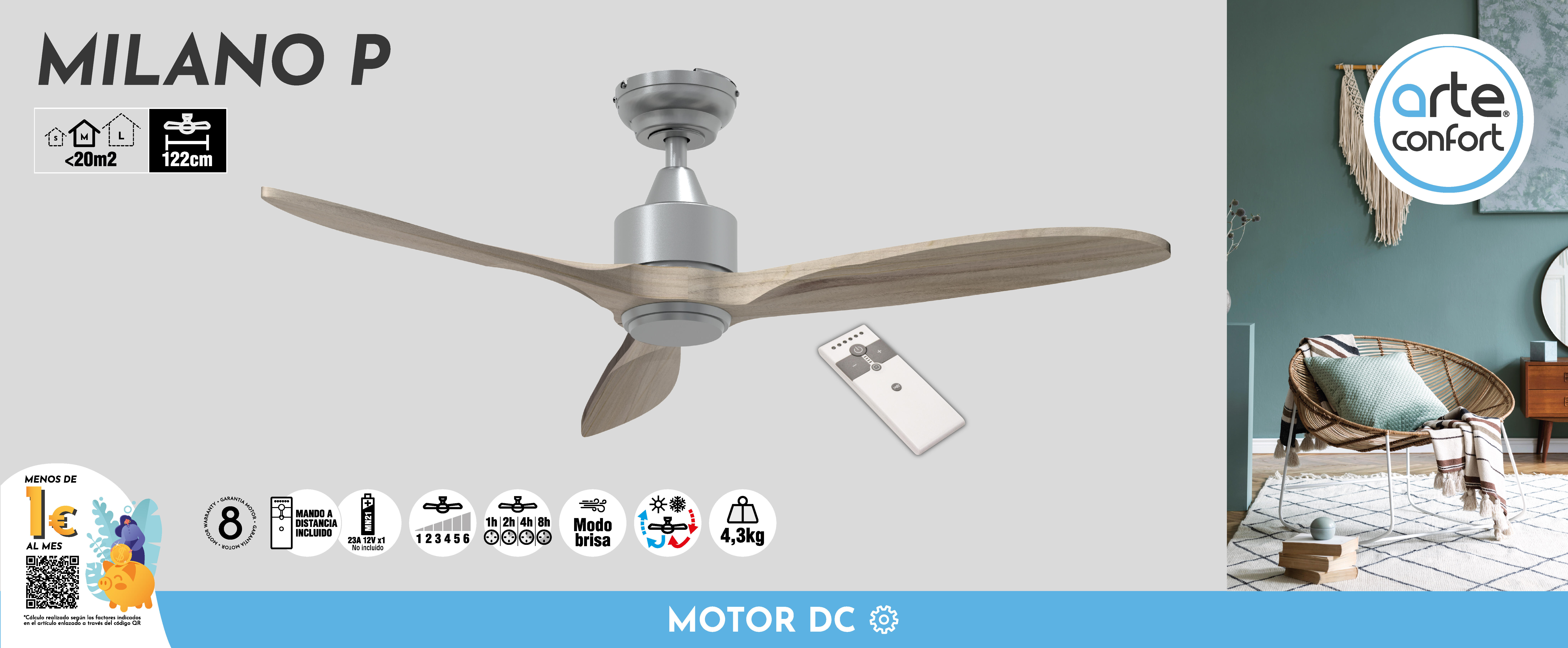 Ventilador de techo sin luz silencioso DC Arte Confort Milano gris 122 cm - 6