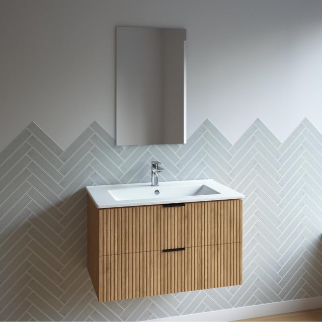 Ensemble meuble de salle de bains suspendu 2 tiroirs aspect chêne L80 x P45 x H46,6  + simple vasque blanche + miroir AMELIA 