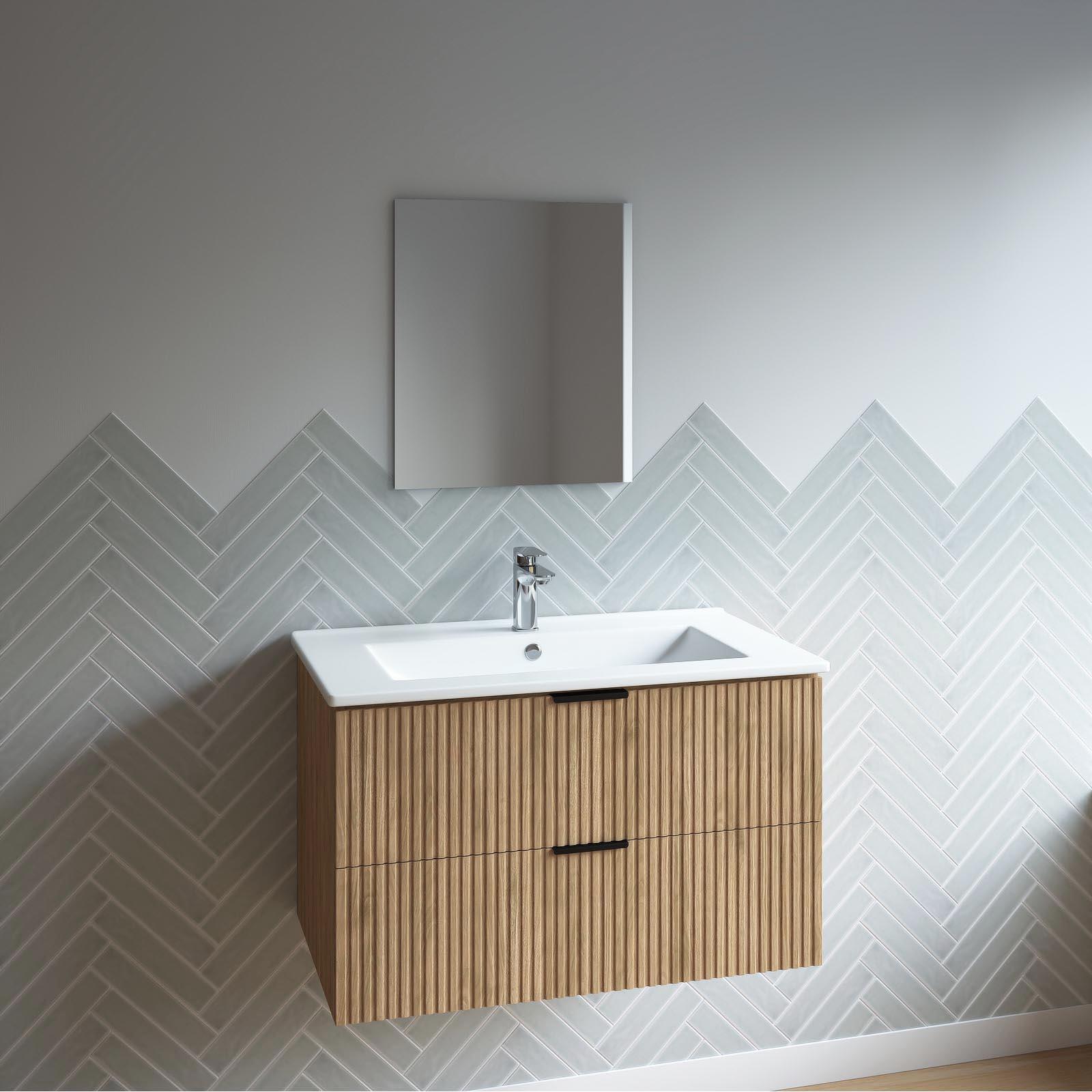 Ensemble meuble de salle de bains suspendu 2 tiroirs aspect chêne  L60 x P45 x H46,6 + vasque simple blanche + miroir AMELIA  - 3