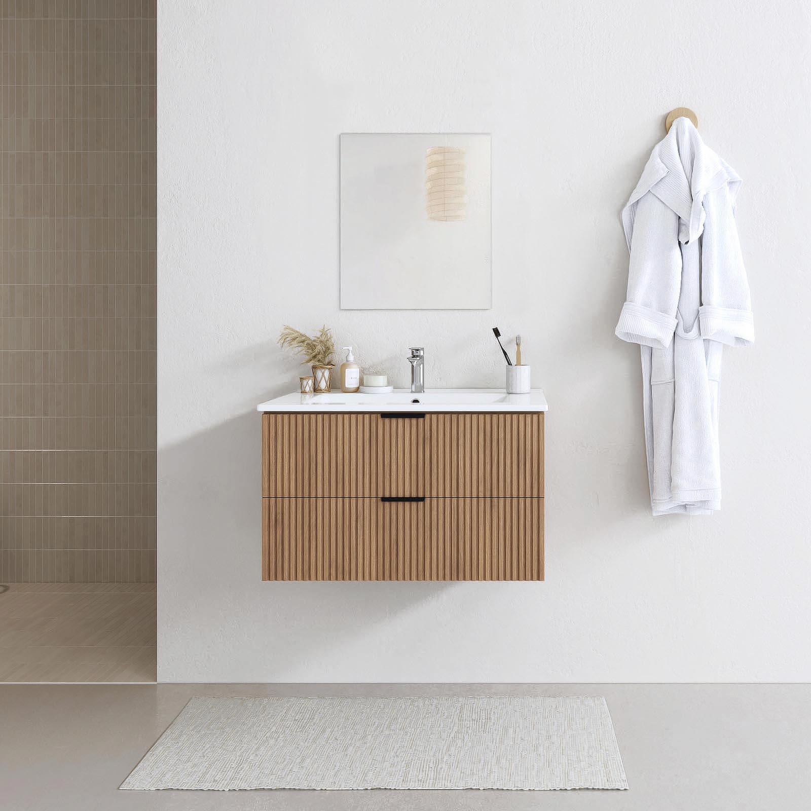 Ensemble meuble de salle de bains suspendu 2 tiroirs aspect chêne  L60 x P45 x H46,6 + vasque simple blanche + miroir AMELIA  - 2