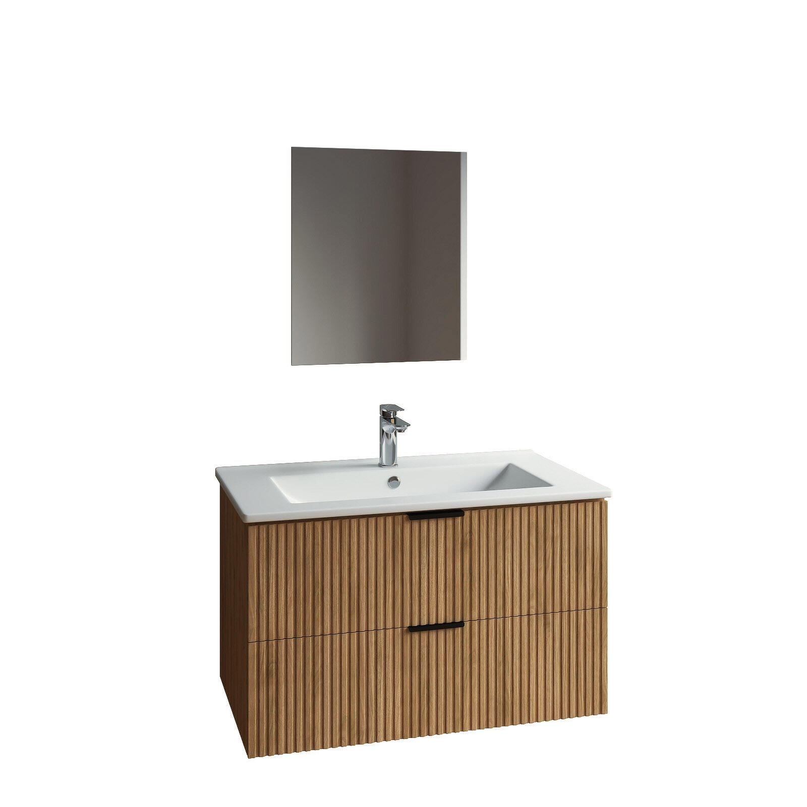 Ensemble meuble de salle de bains suspendu 2 tiroirs aspect chêne L80 x P45 x H46,6  + simple vasque blanche + miroir AMELIA  - 2