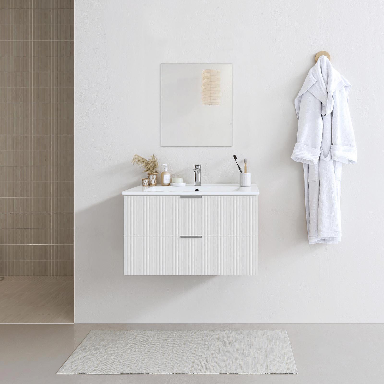 Ensemble meuble de salle de bains suspendu 2 tiroirs blanc L60xP45xH46,6 + simple vasque blanche + miroir AMELIA - 3