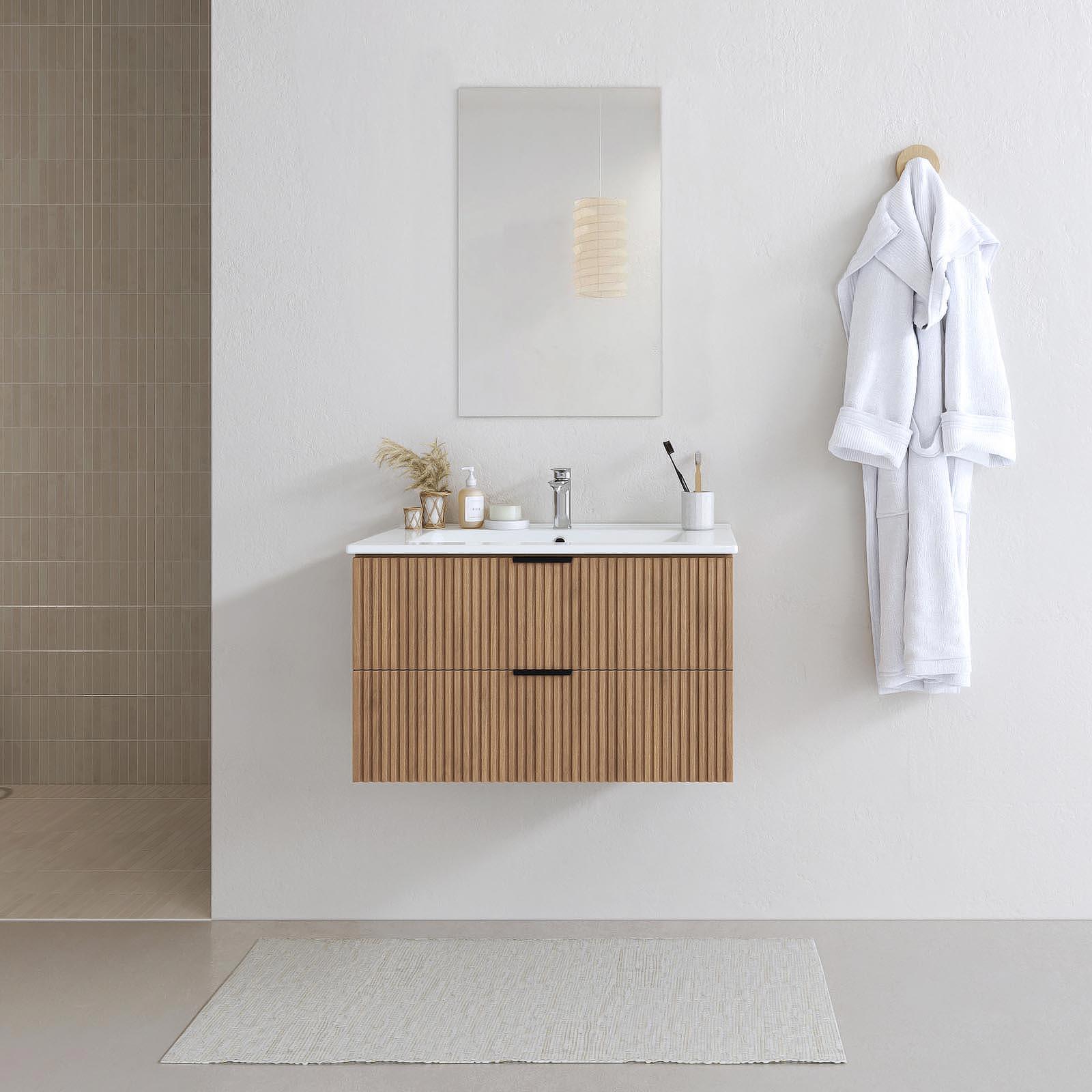 Ensemble meuble de salle de bains suspendu 2 tiroirs aspect chêne L80 x P45 x H46,6  + simple vasque blanche + miroir AMELIA  - 3