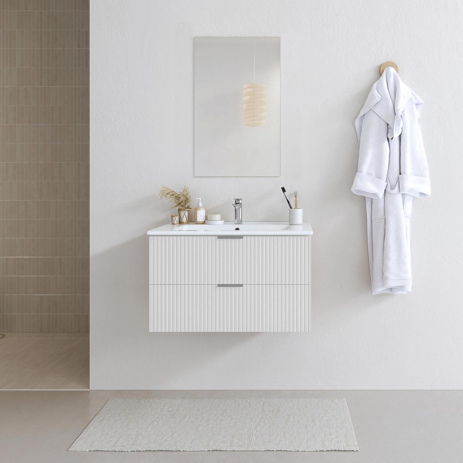 Ensemble meuble salle de bains suspendu 2 tiroirs blanc L80 x P45 x H46,6 + vasque simple blanche + miroir AMELIA - 3