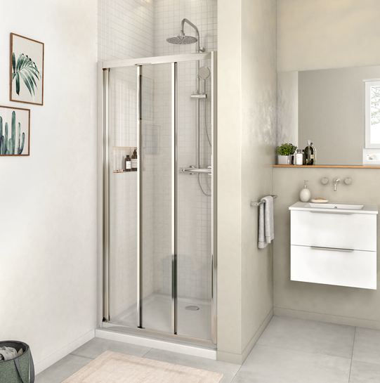 Portas de duche de correr 2 portas móveis+1 painel fixo 100x185 cm cromado transparente Sensea Essential - 2