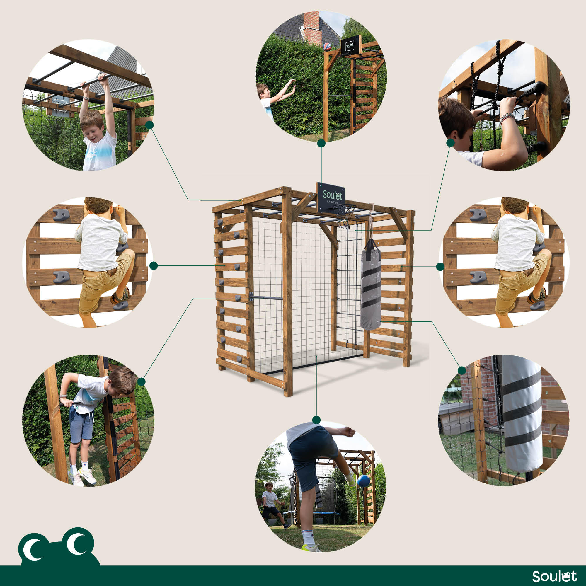 Aire de jeux en bois multi-activités Basket, Boxe, Foot, H.209 cm, ODIN, SOULET - 9
