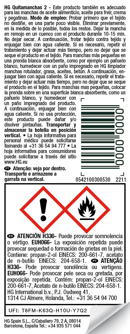 Removedor de manchas tecidos N2 marcadores, gorduras, óleos, graxa 50 ml HG - 4