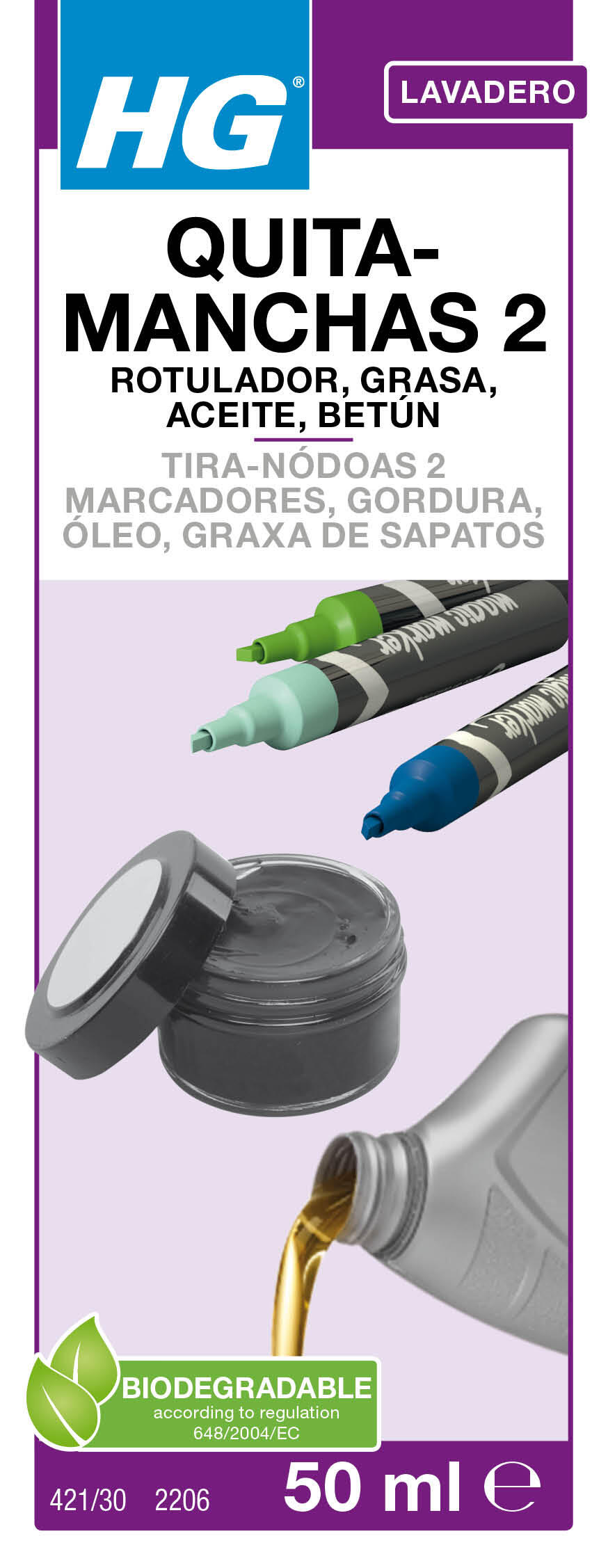 Removedor de manchas tecidos N2 marcadores, gorduras, óleos, graxa 50 ml HG - 3