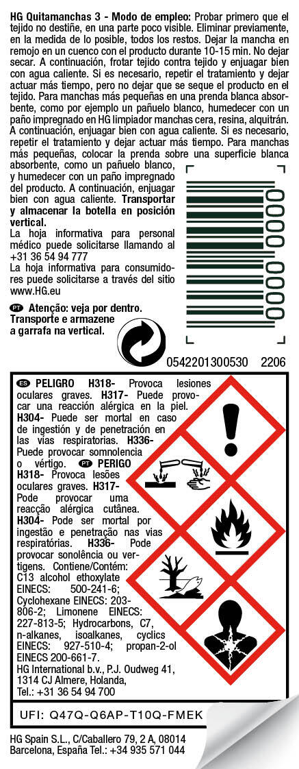 Removedor de manchas tecidos N3 cera, resinas, alcatrão 50 ml HG - 4