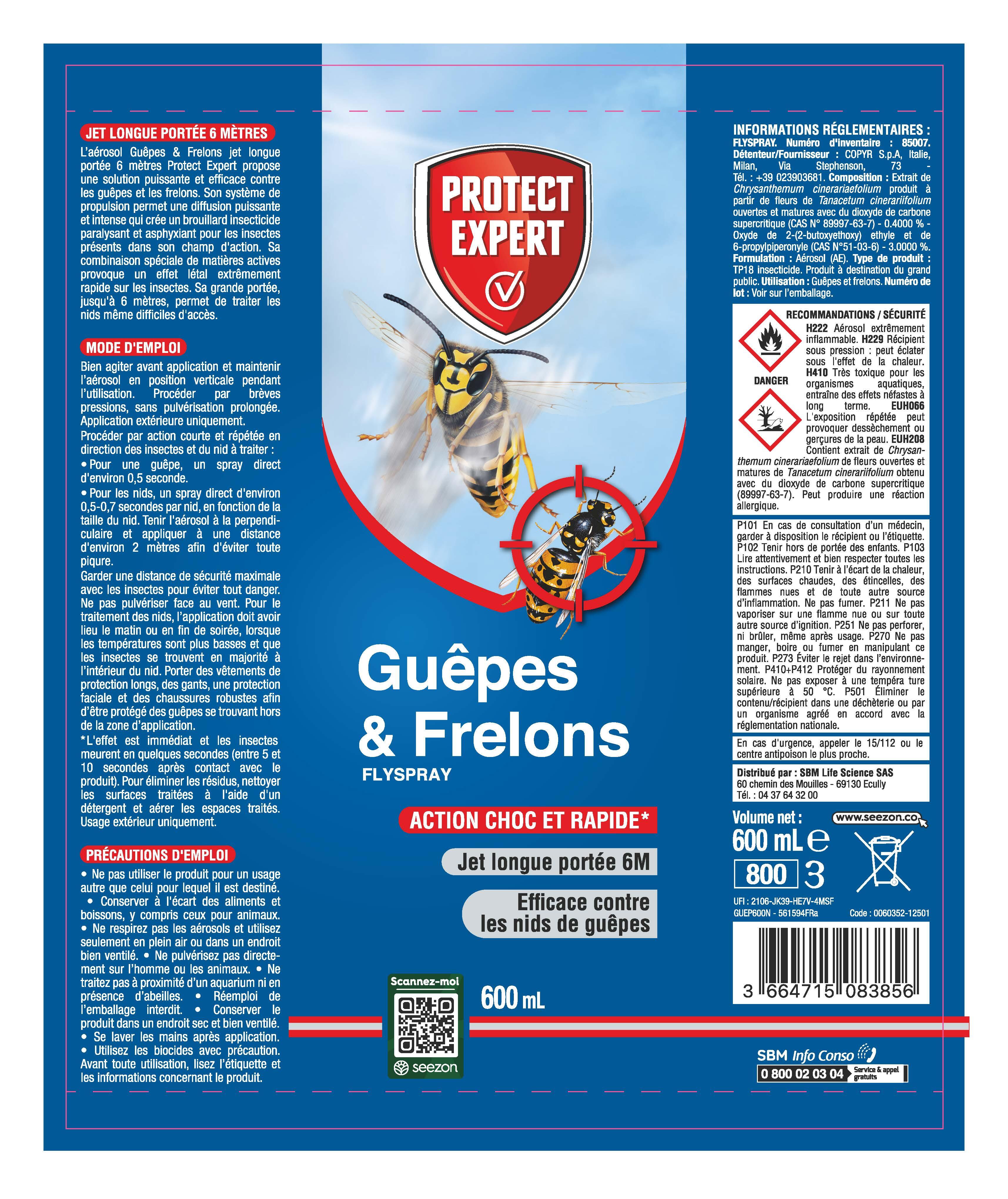 Aérosol insecticide aérosol guêpes et frelons, Guep600n PROTECT EXPERT, 0,6 l - 10