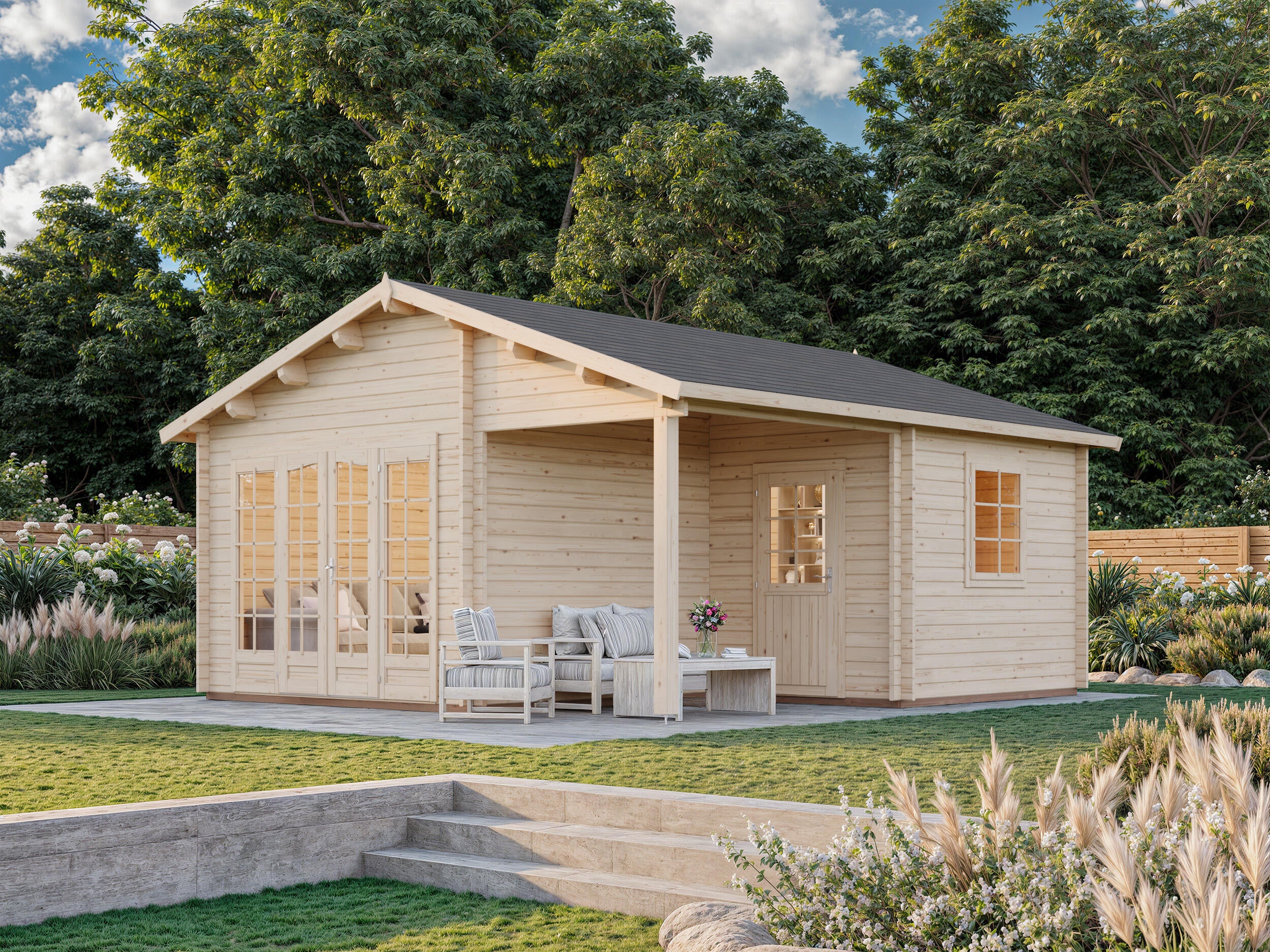 Caseta de madera CASETA IRENE 21,9+5,2 M2 de 602x321x566 cm y 34.07 m2 con 44 mm espesor y doble puerta PALMAKO - 8