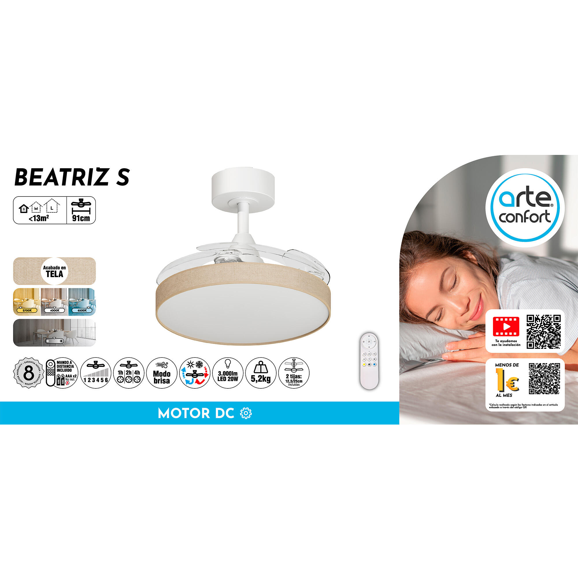 Ventilador de techo con luz silencioso DC 24W con mando ø91 cm Beatriz ARTE CONFORT blanco luz CCT 4 aspas retráctiles tipo lámpara| 6 velocidades| modo verano/invierno| temporizador| brisa| recomendado para <13m² - 10