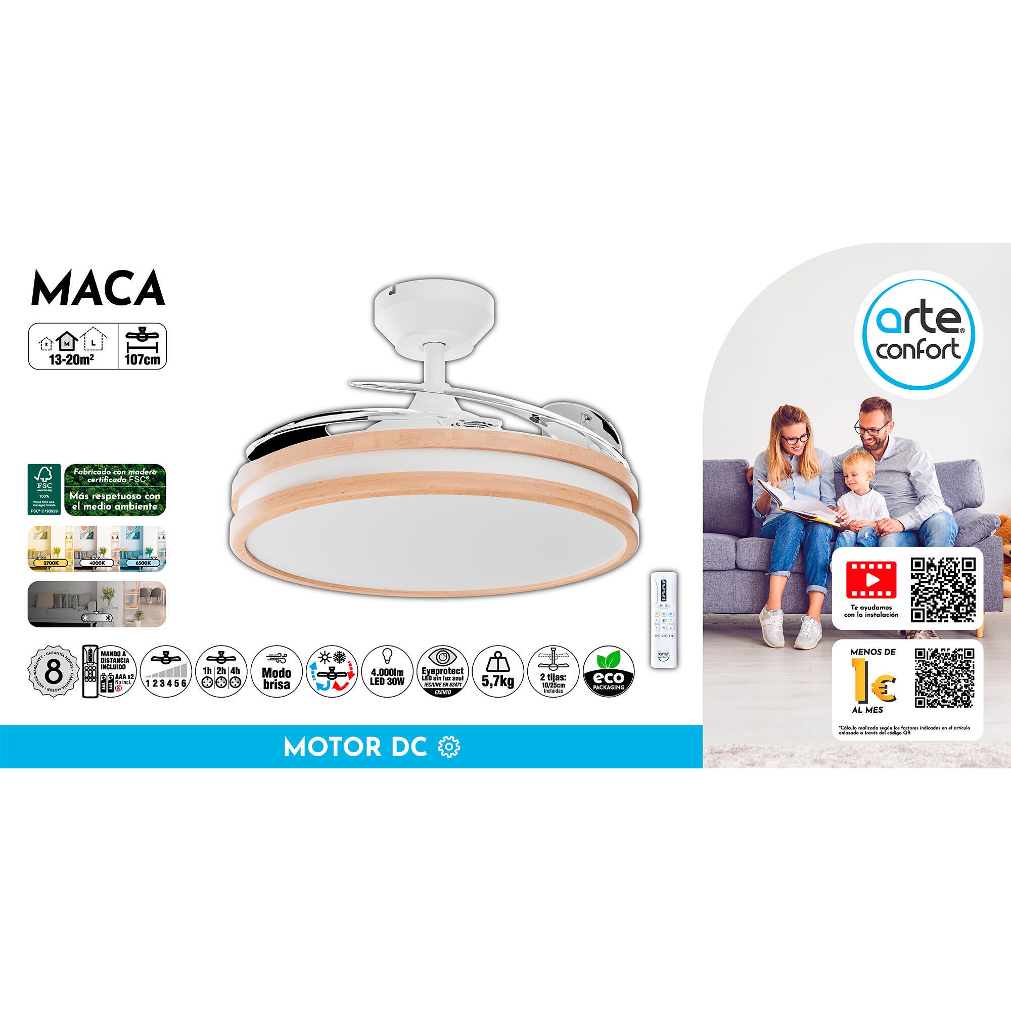 Ventilador de techo con luz silencioso DC 25W con mando ø107 cm Maca ARTE CONFORT blanco luz CCT 4 aspas retráctiles tipo lámpara| 6 velocidades| modo verano/invierno| brisa| recomendado de 13 a 20m² - 8