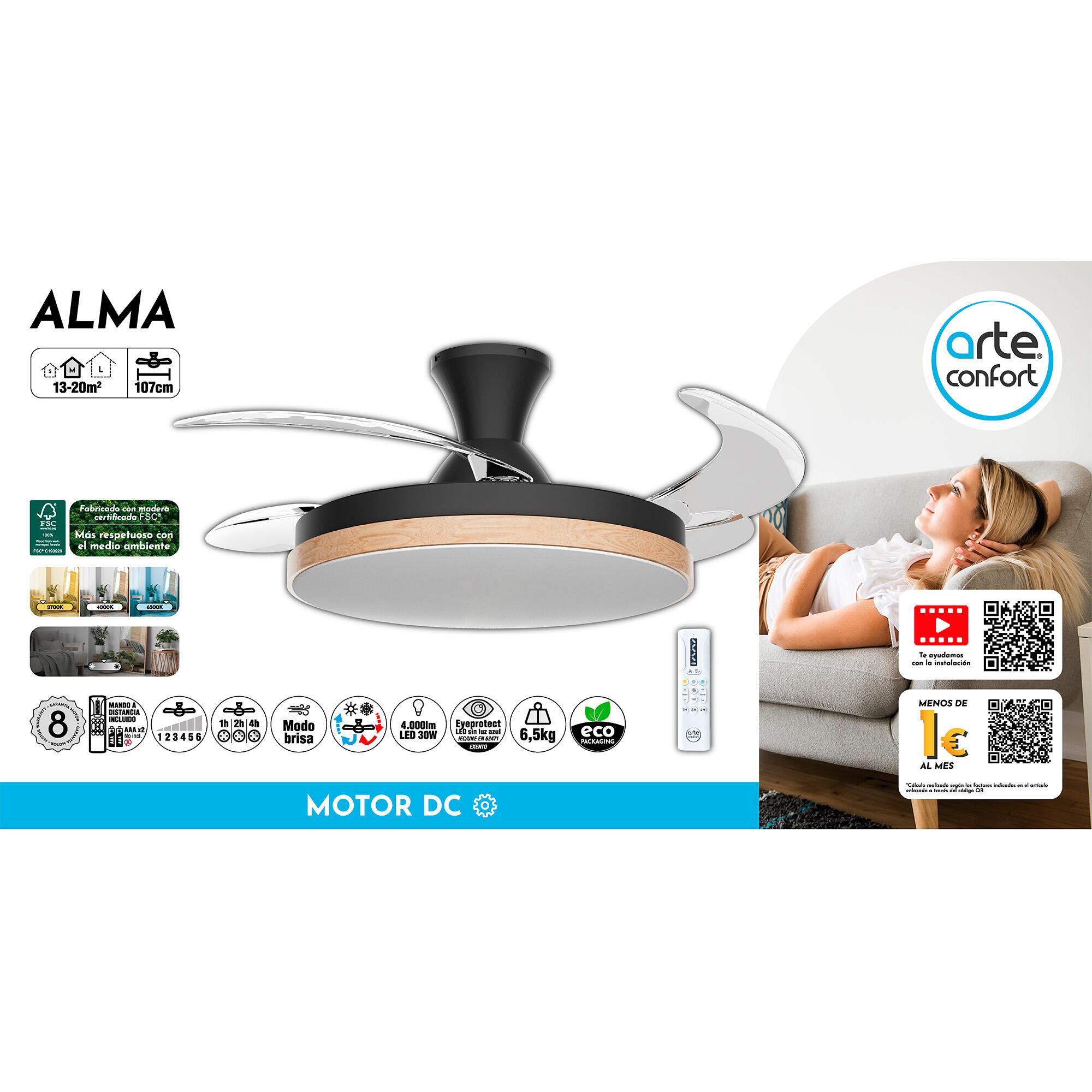 Ventilador de techo con luz retráctil silencioso DC Arte Confort Alma negro 107 cm - 9