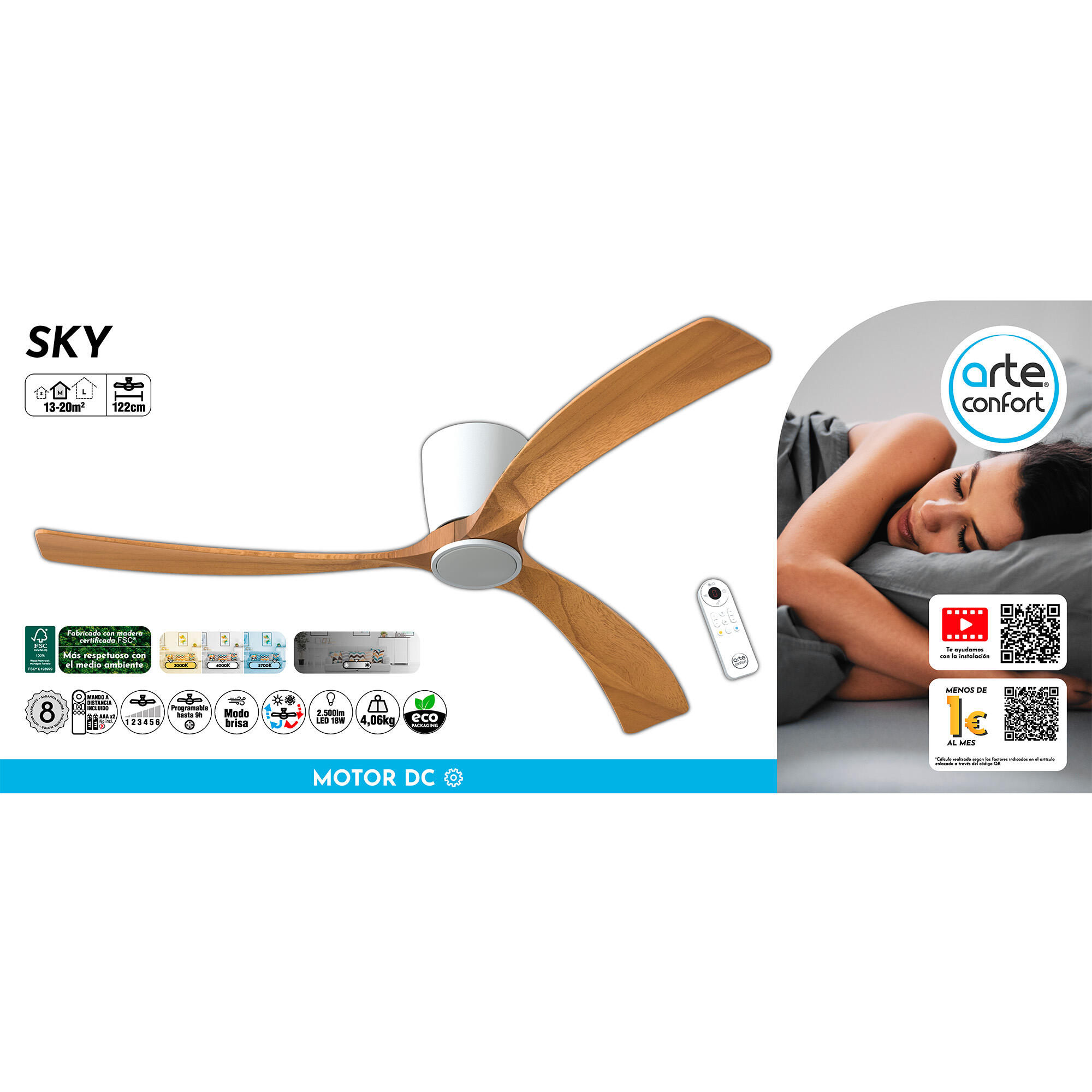 Ventilador de techo con luz silencioso DC con mando Arte Confort Sky blanco 122 cm invierno/verano color luz regulable - 8