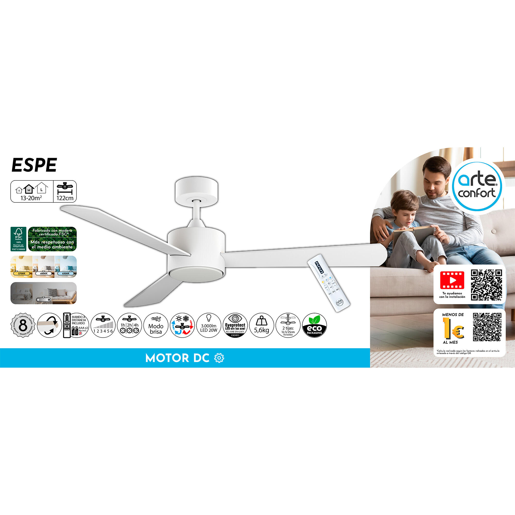 Ventilador de techo con luz silencioso DC Arte Confort Espe blanco 122 cm - 7