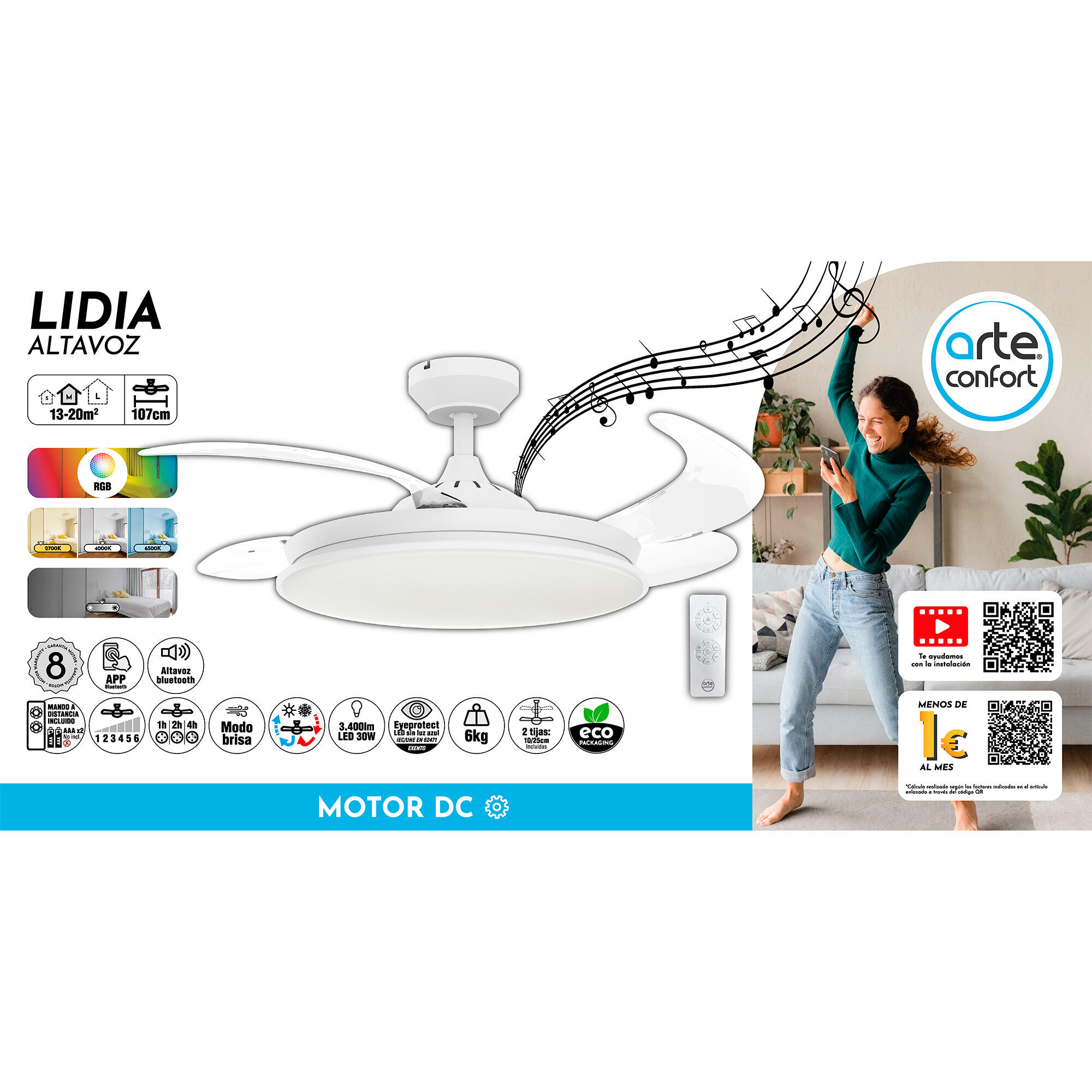 Ventilador de techo con luz silencioso DC 28W con mando ø107 cm Lydia ARTE CONFORT blanco luz CCT 4 aspas retráctiles tipo lámpara| 6 velocidades| modo verano/invierno| brisa| recomendado de 13 a 20m² - 10