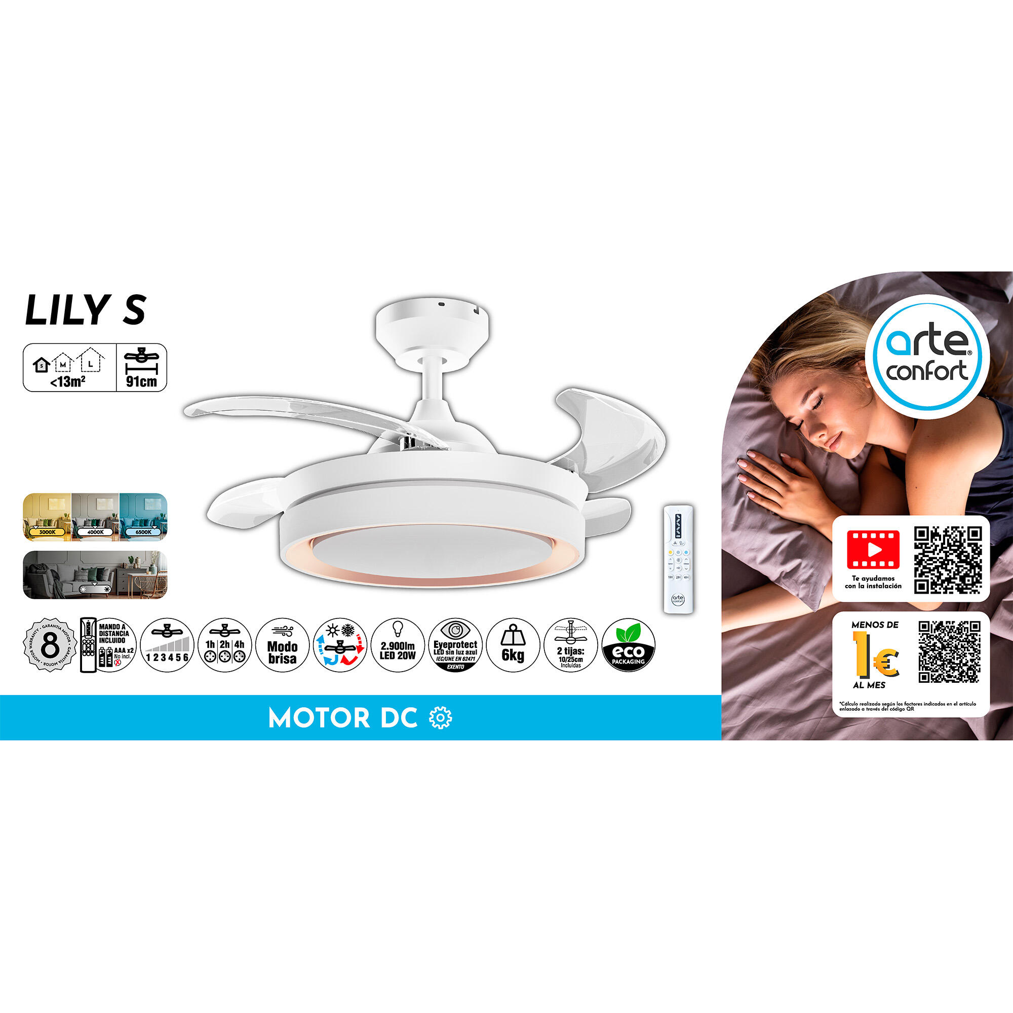 Ventilador de techo con luz silencioso DC 24W con mando ø91 cm Lily ARTE CONFORT blanco luz CCT 4 aspas retráctiles tipo lámpara| 6 velocidades| modo verano/invierno| temporizador| brisa| recomendado para <13m² - 9