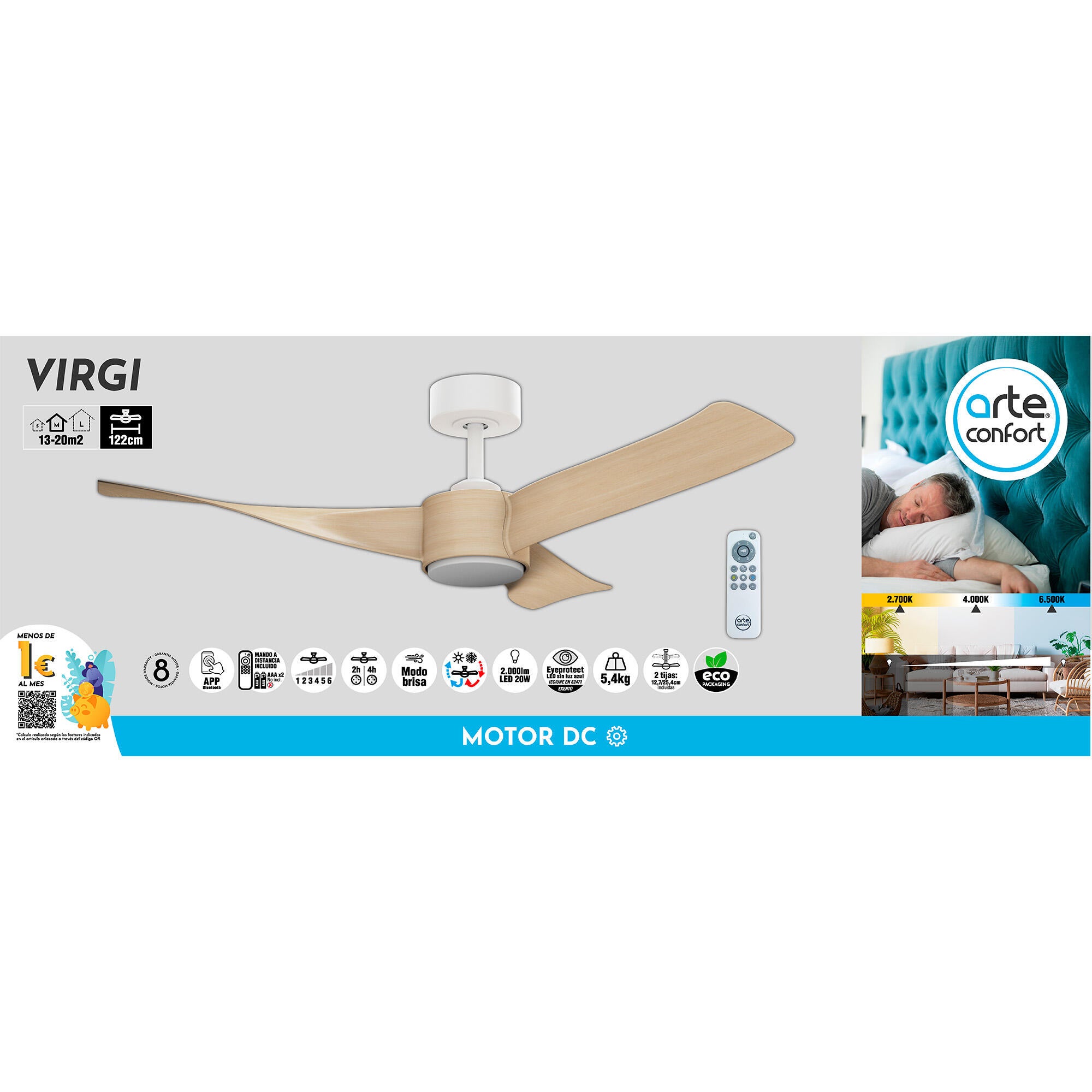Ventilador de techo con luz silencioso DC 40W con mando ø122 cm Virgí ARTE CONFORT blanco luz CCT 3 aspas| 6 velocidades| modo verano/invierno| brisa| temporizador| recomendado de 13 a 20m² - 8
