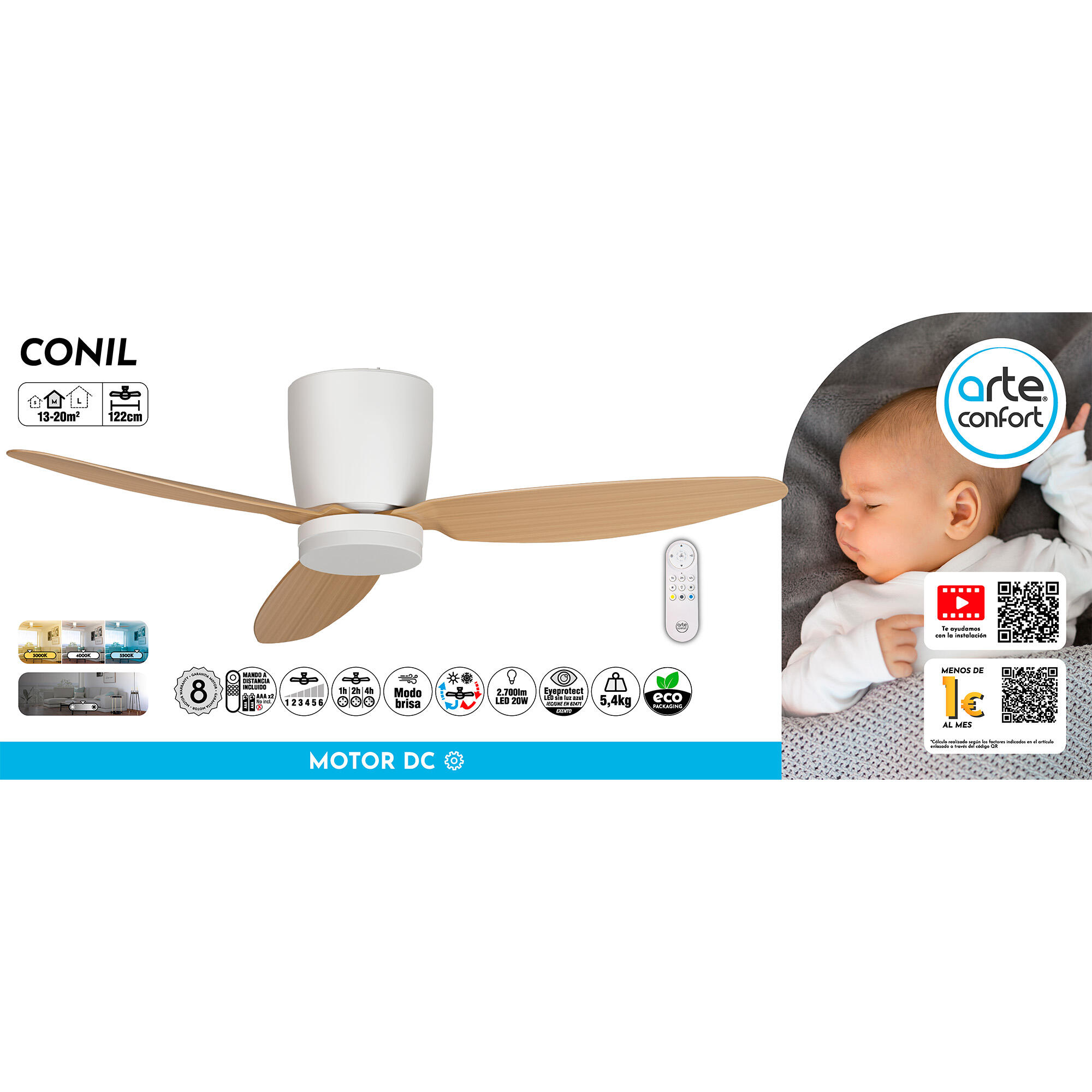 Ventilador de techo con luz silencioso DC Arte Confort Conil blanco 122 cm - 11