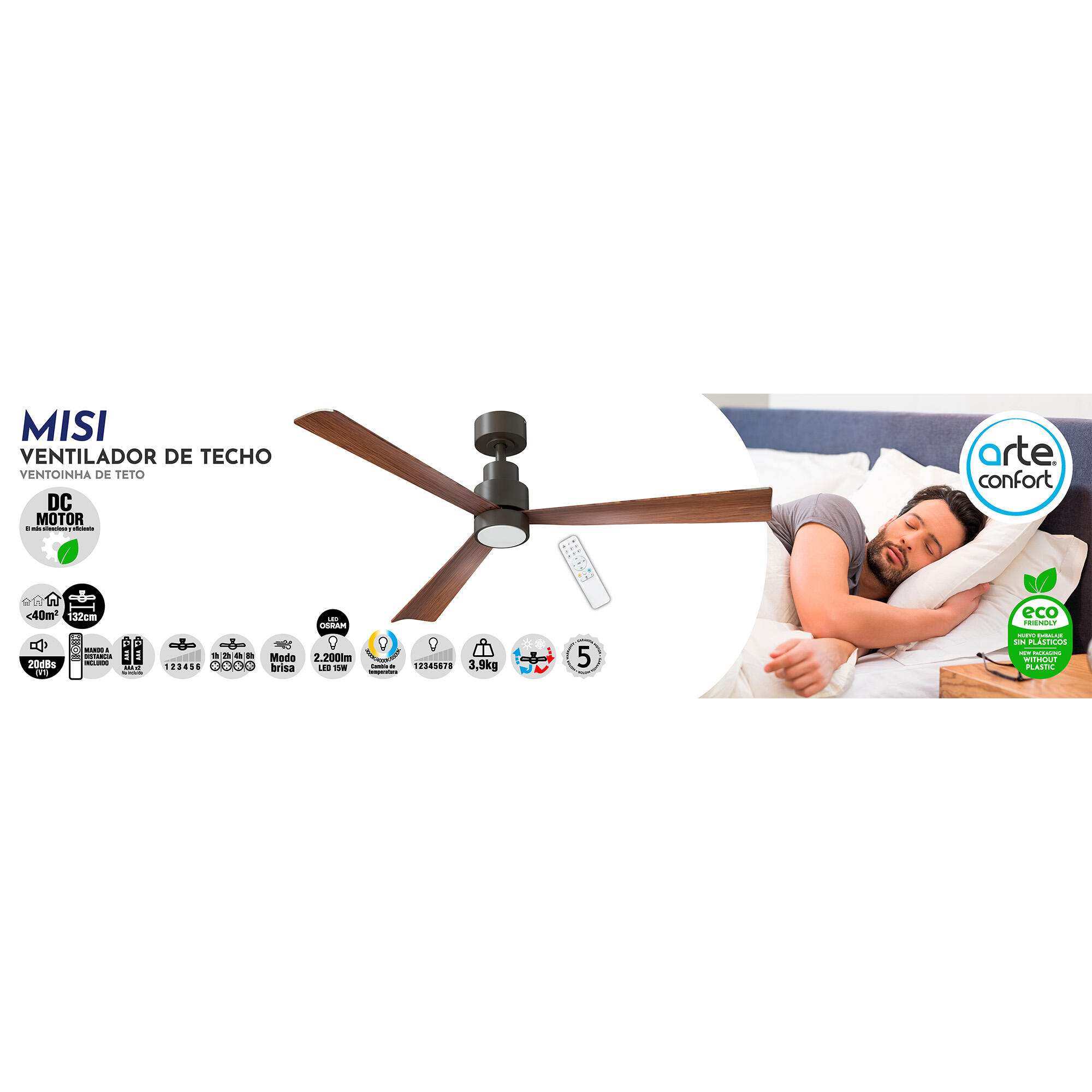 Ventilador de techo con luz silencioso DC Arte Confort Misi marrón 132 cm - 7