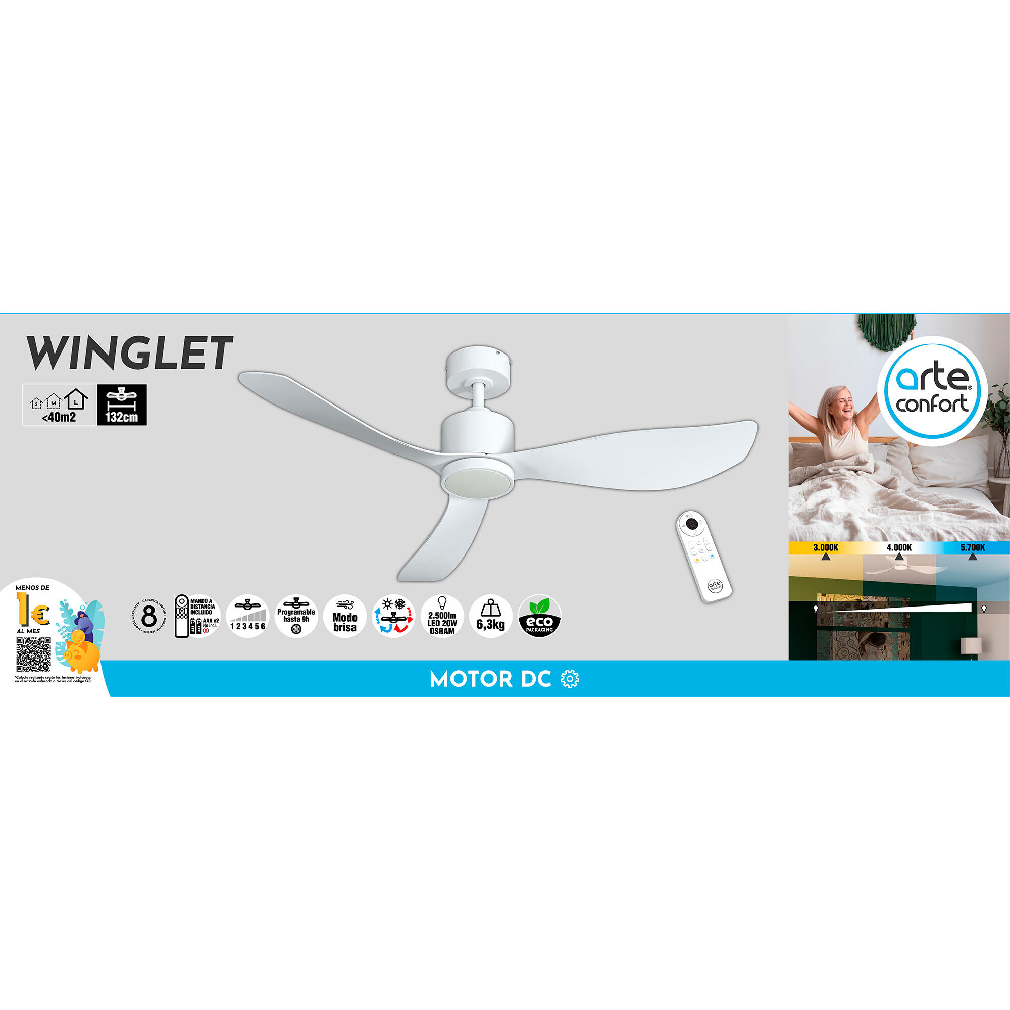 Ventilador de techo con luz silencioso DC Arte Confort Winglet blanco 132 cm - 9
