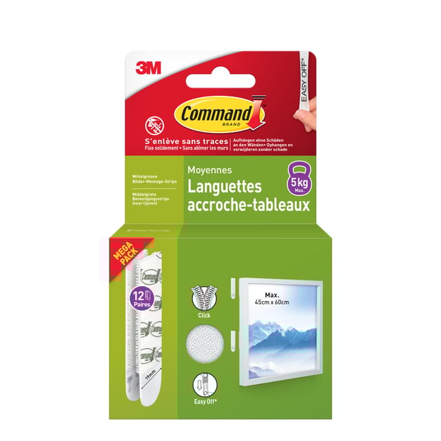12 paires de languettes adhésives blanc accroche tableau COMMAND