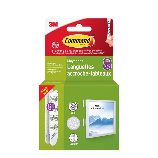 12 paires de languettes adhésives blanc de fixation de tableaux 5kg max COMMAND