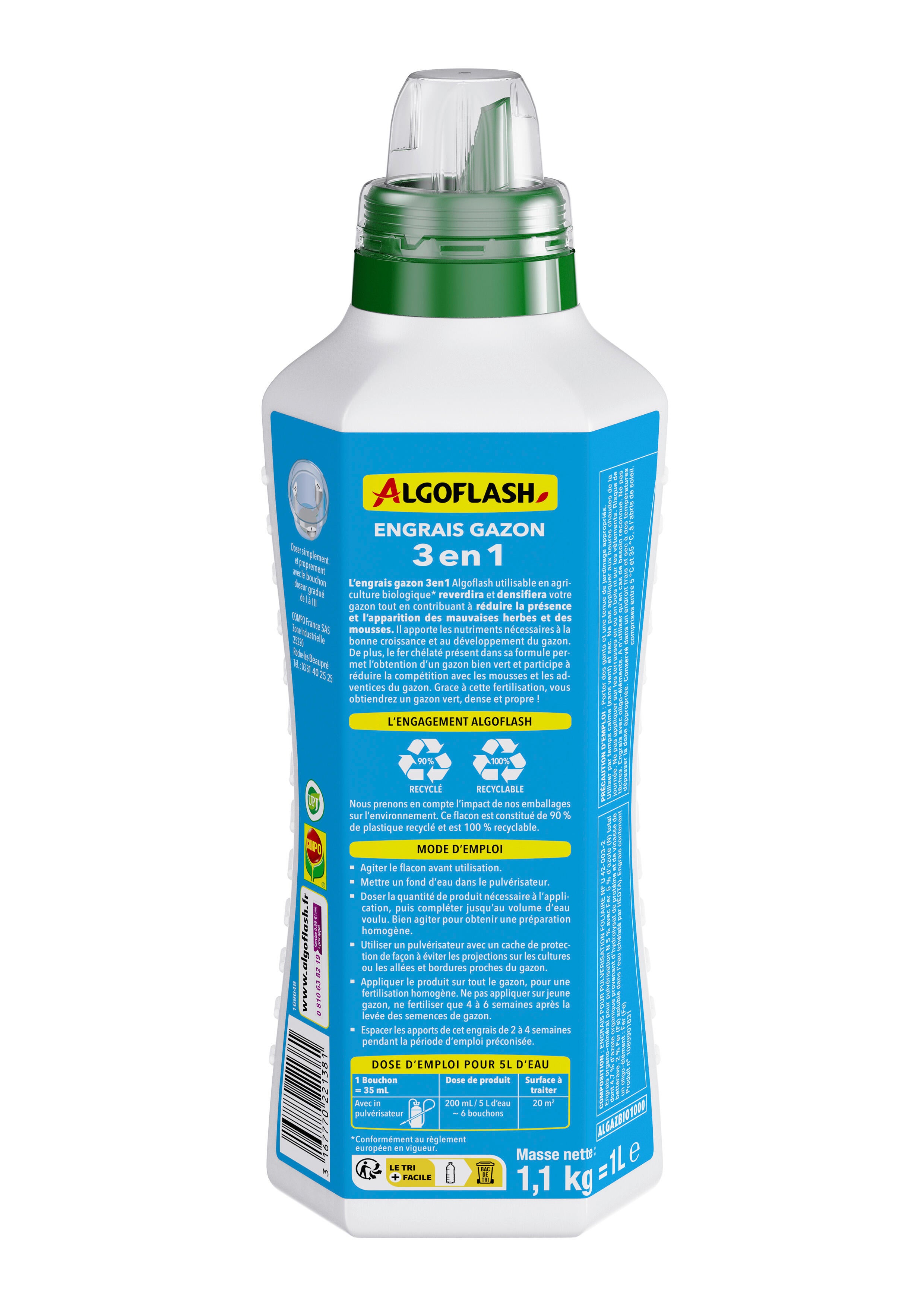Engrais liquide pour gazon 3en1 ALGOFLASH, 1L - 2