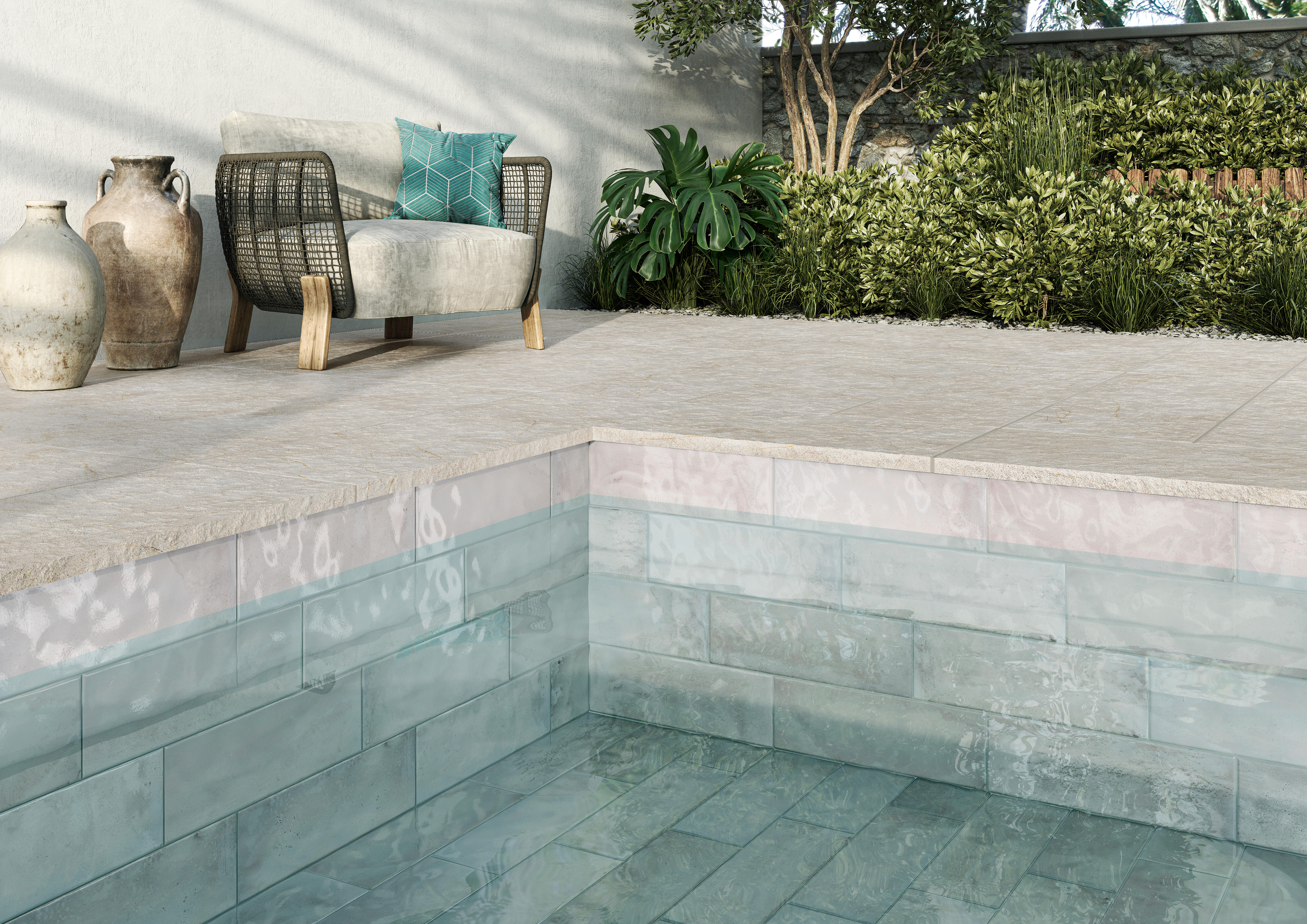 Azulejo piscina porcelánico zilij efecto zellige white 15x45 cm c1