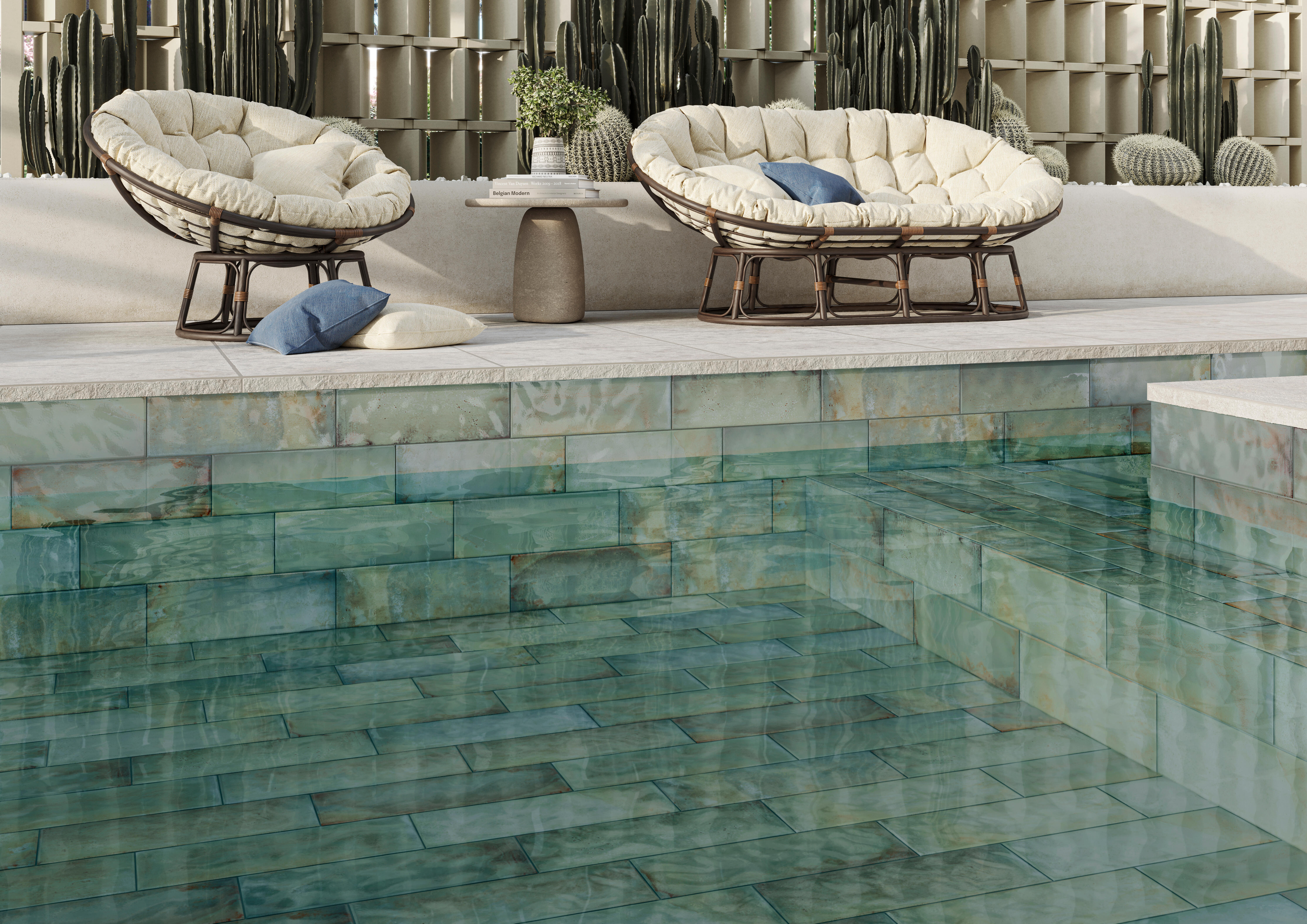 Azulejo piscina porcelánico zilij efecto zellige sage 15x45 cm c1