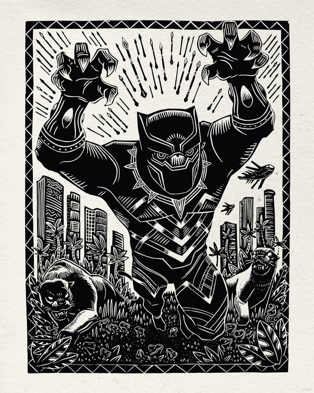Affiche Marvel Black Panther Lino-Cut Charge l.40 x H.50