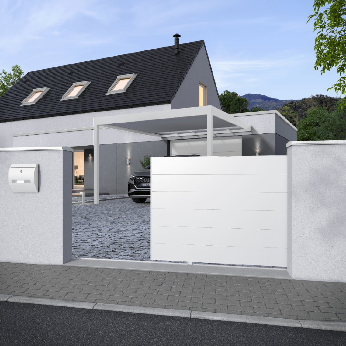 Portail coulissant à motoriser, aluminium blanc, lames 250mm — free download