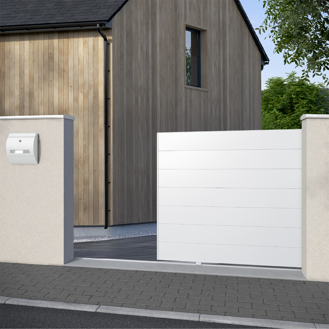 Portail coulissant à motoriser, aluminium blanc, lames 250mm — free download
