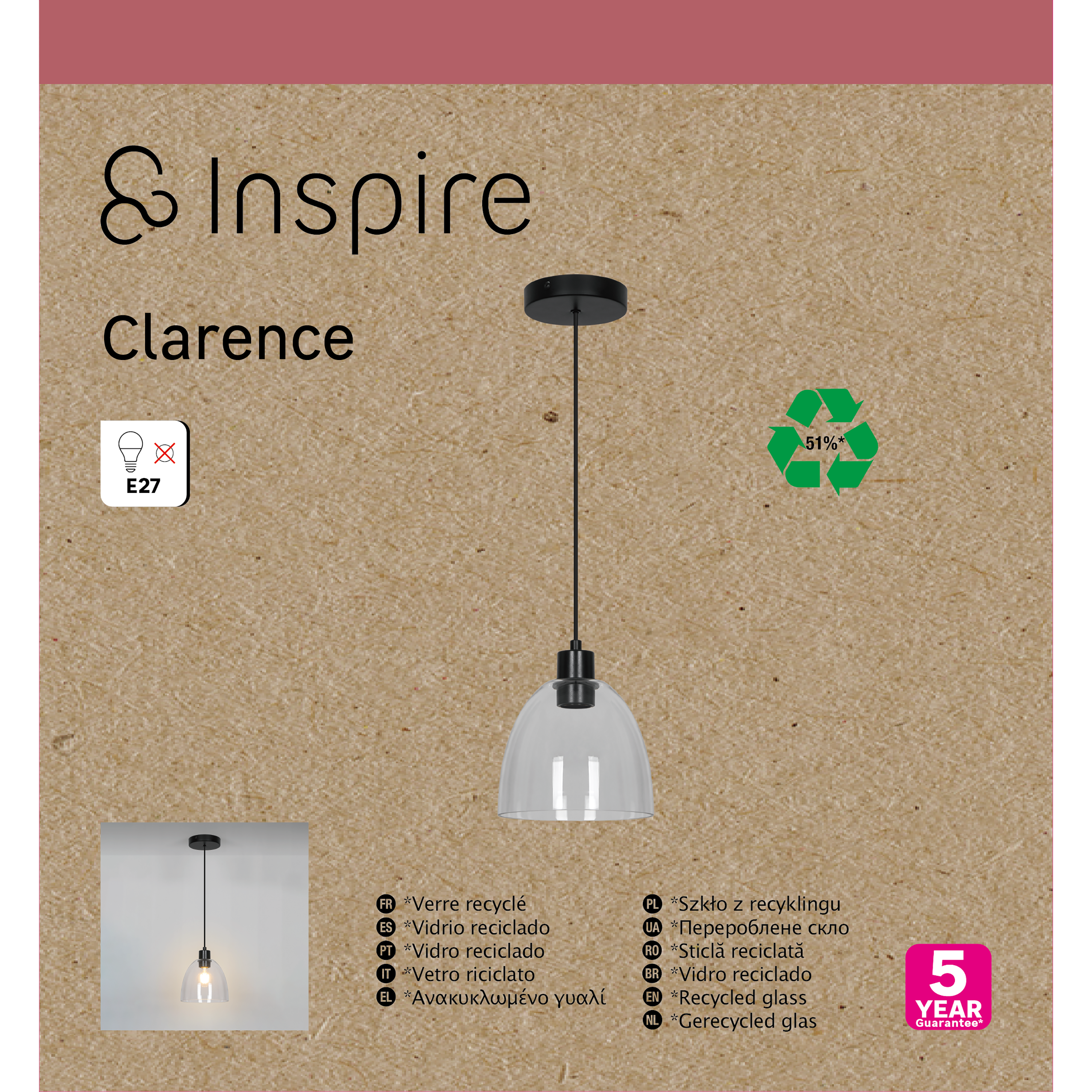 Suspension Clarence verre, Diam.18 cm INSPIRE, E27 - 8
