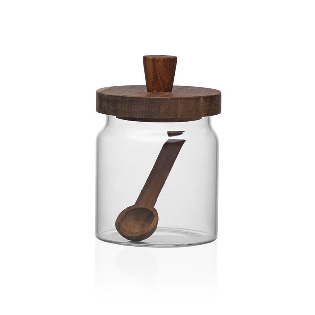 Bote de cristal con tapa y cuchara en madera acacia Versa 470ml