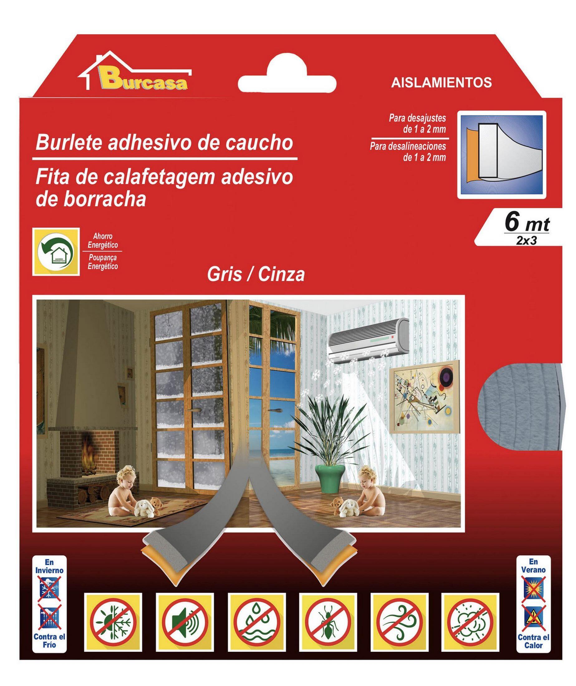 Burlete para ventanas y puertas BURCASA caucho en color gris, 2 mm de anchura x 6 m de longitud. Impide el paso del agua. Perfil junta plano. Recortable. Tipo de instalación encolado. - 8