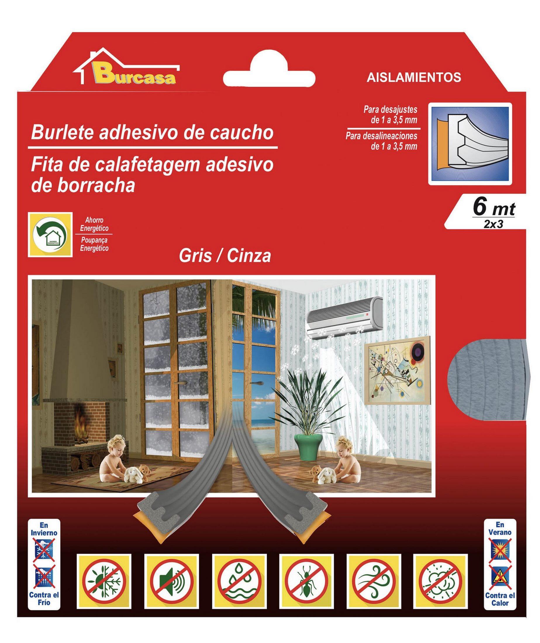 Burlete para ventanas y puertas BURCASA caucho en color gris, 4 mm de anchura x 6 m de longitud. Impide el paso del agua. Perfil junta E. Recortable. Tipo de instalación encolado. - 8