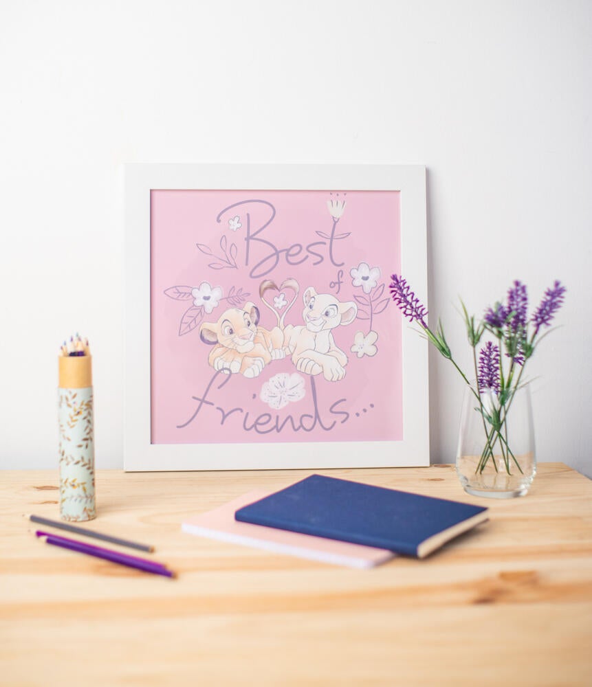 Cuadro pintura impresa enmarcada infantil cuadrada de 30 x 30 cm. mdf rey leon multicolor. marco color blanco