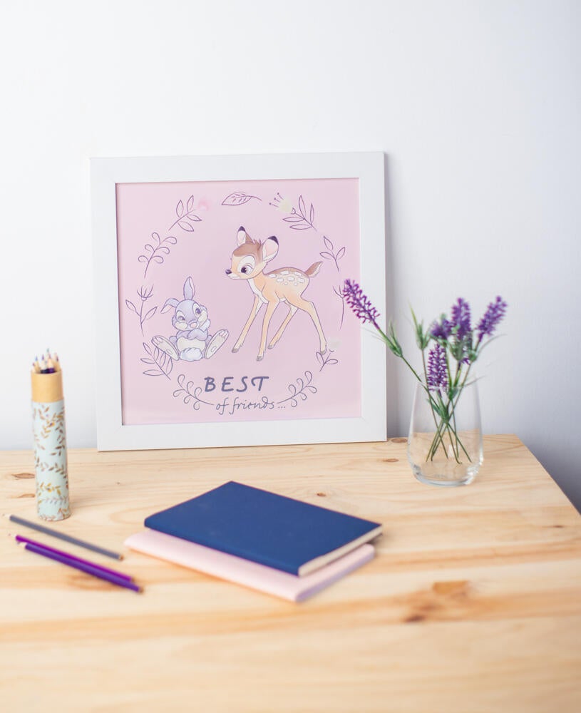 Cuadro pintura impresa enmarcada infantil cuadrada de 30 x 30 cm. mdf bambi multicolor. marco color blanco