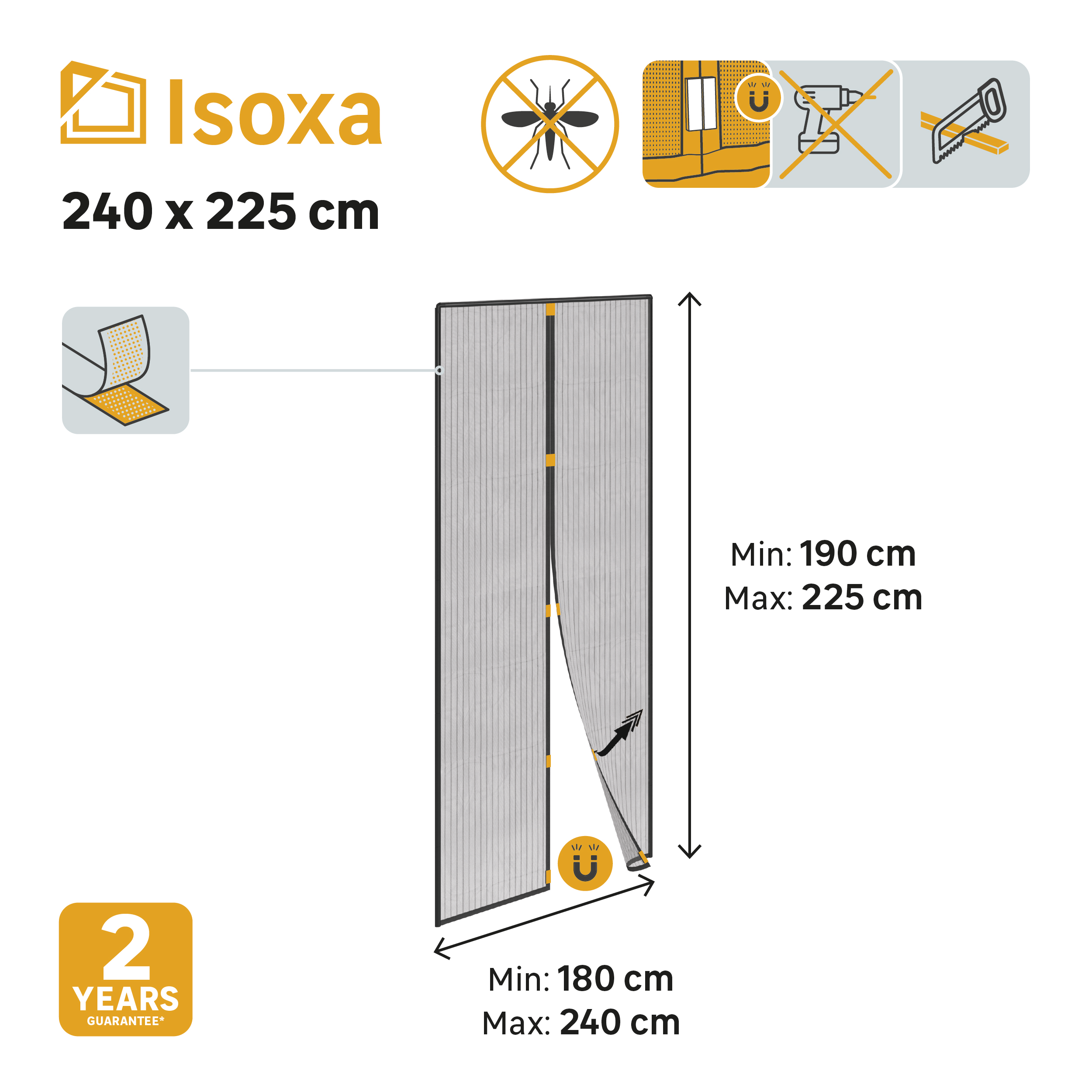 Moustiquaire H.225x l.240 cm rideau magnétique noir ISOXA pour porte-fenêtre - 2