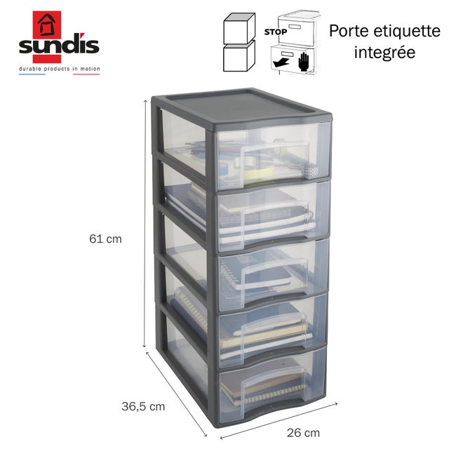 Tour de rangement TAG TOWER A4 SUNDIS, 5 tiroirs, L.36 x l.26 x H.61cm