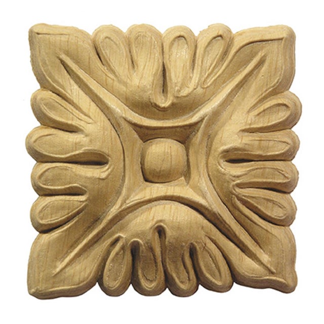 Fregio quadrato in pioppo grezzo decoro floreale 40 x 40 x 8 mm, 2 pezzi