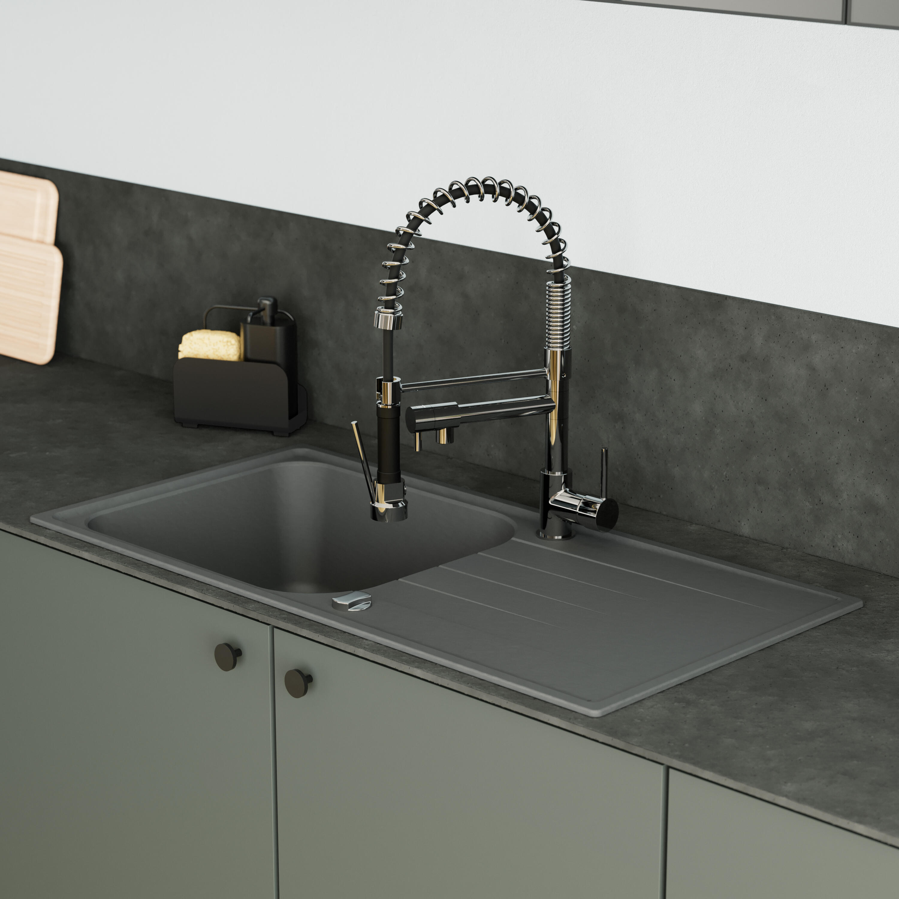 Conjunto fregadero elbe 100 gris y grifo de cocina delinia alain cromo