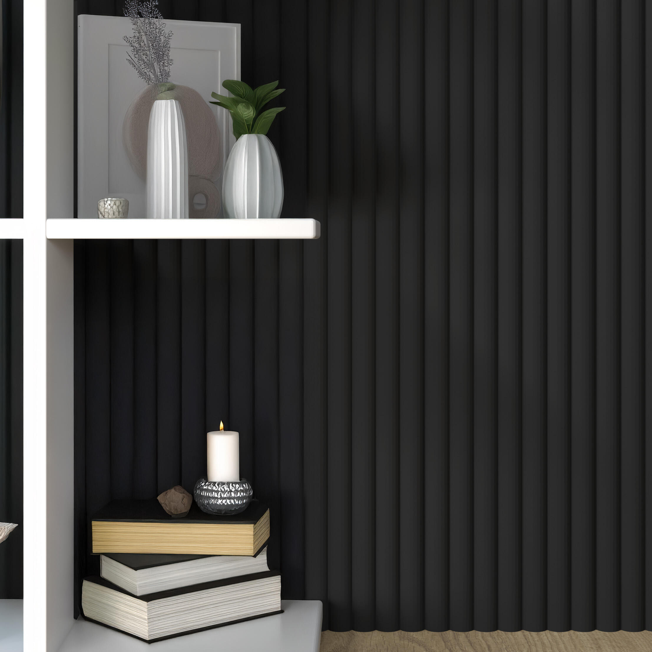 Revestimiento de pared palillería curvada efecto 3D MDF color negro de 260X16,7cm
 - 5