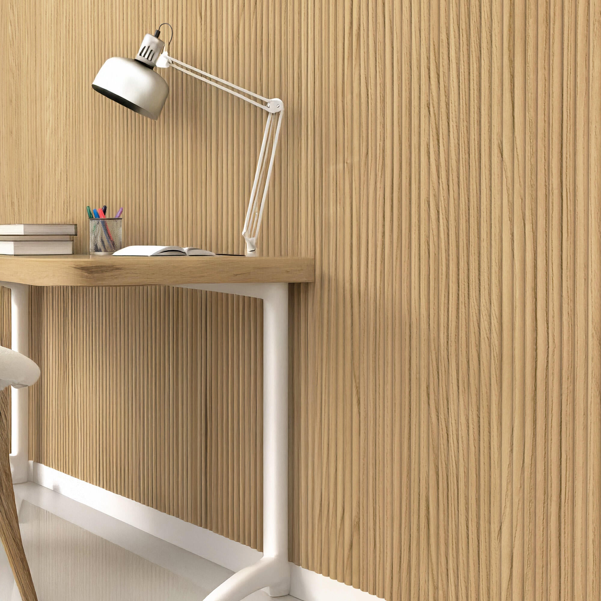 Revestimiento de pared palillería curvada efecto 3D MDF de color roble de 260x16.7cm
 - 5