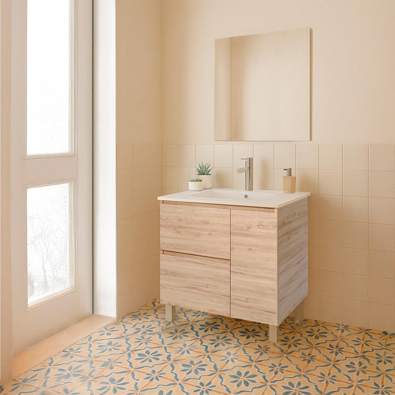 Mueble de baño con lavabo y espejo serena roble mate 100x45,5 cm