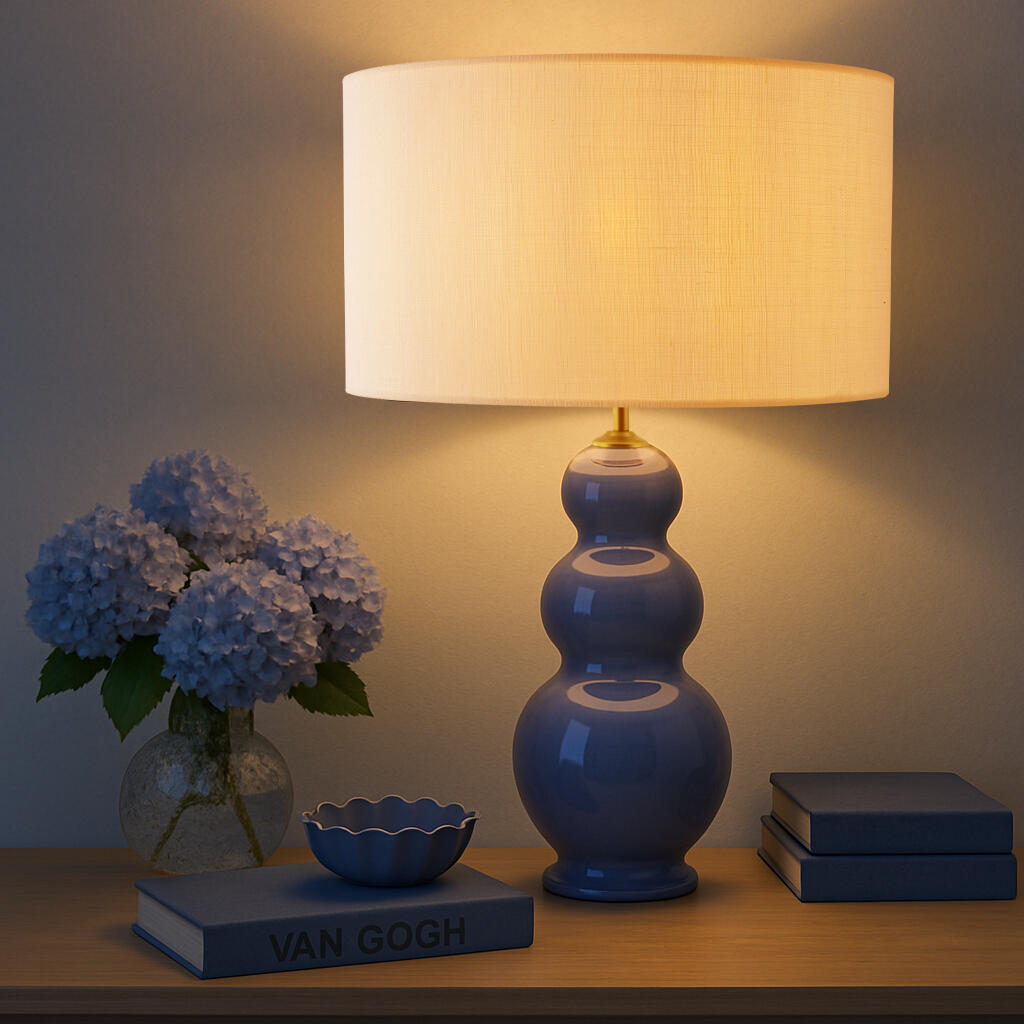 Lámpara de mesa compatible con casquillo E27 Isabella XTRELAMP con estructura cerámica azul pantalla blanca de lino alimentación a red - 2